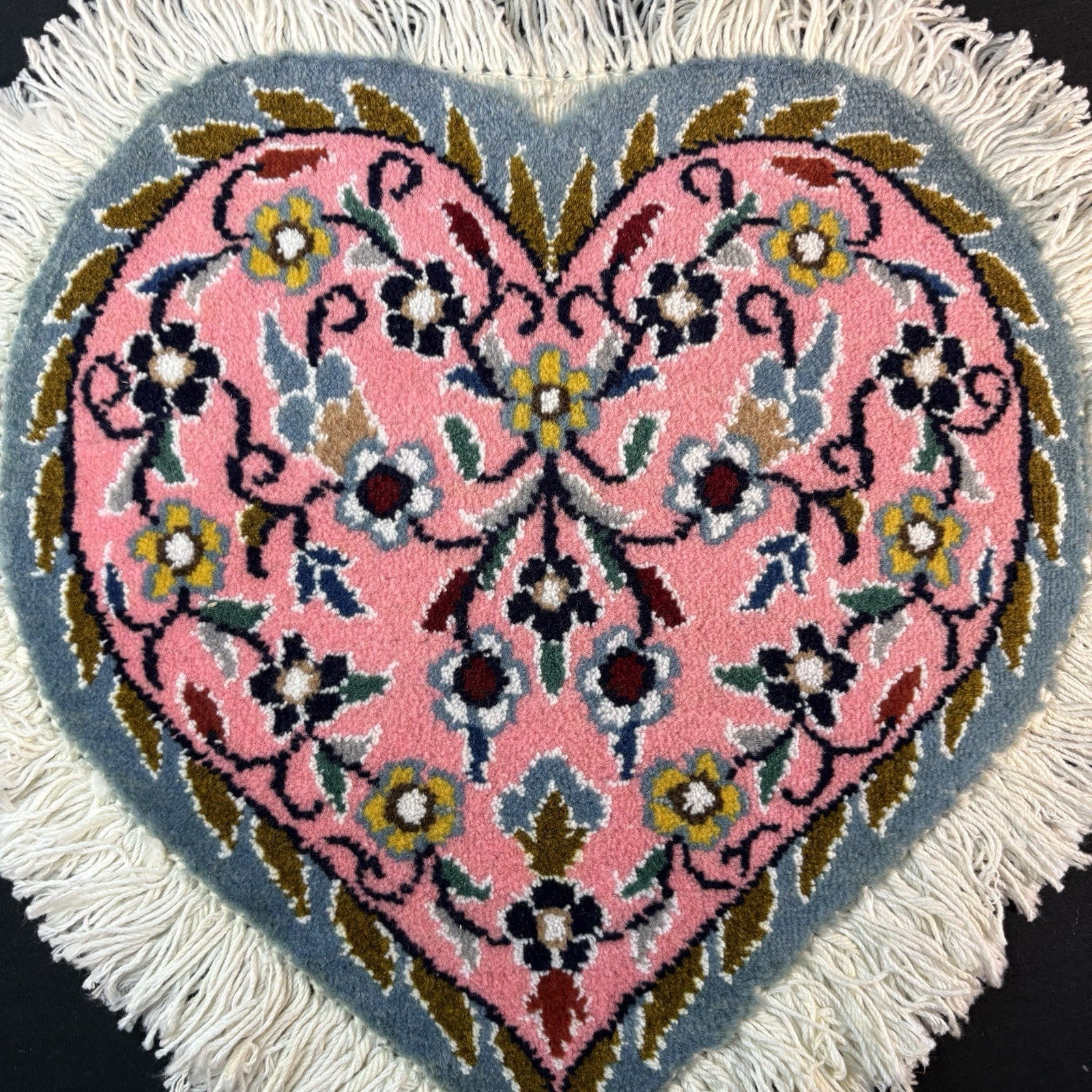 Persian Nain Heart Shape Pink Rug Flower Hand Knotted 13”x12” Very Rare 225KPSI11