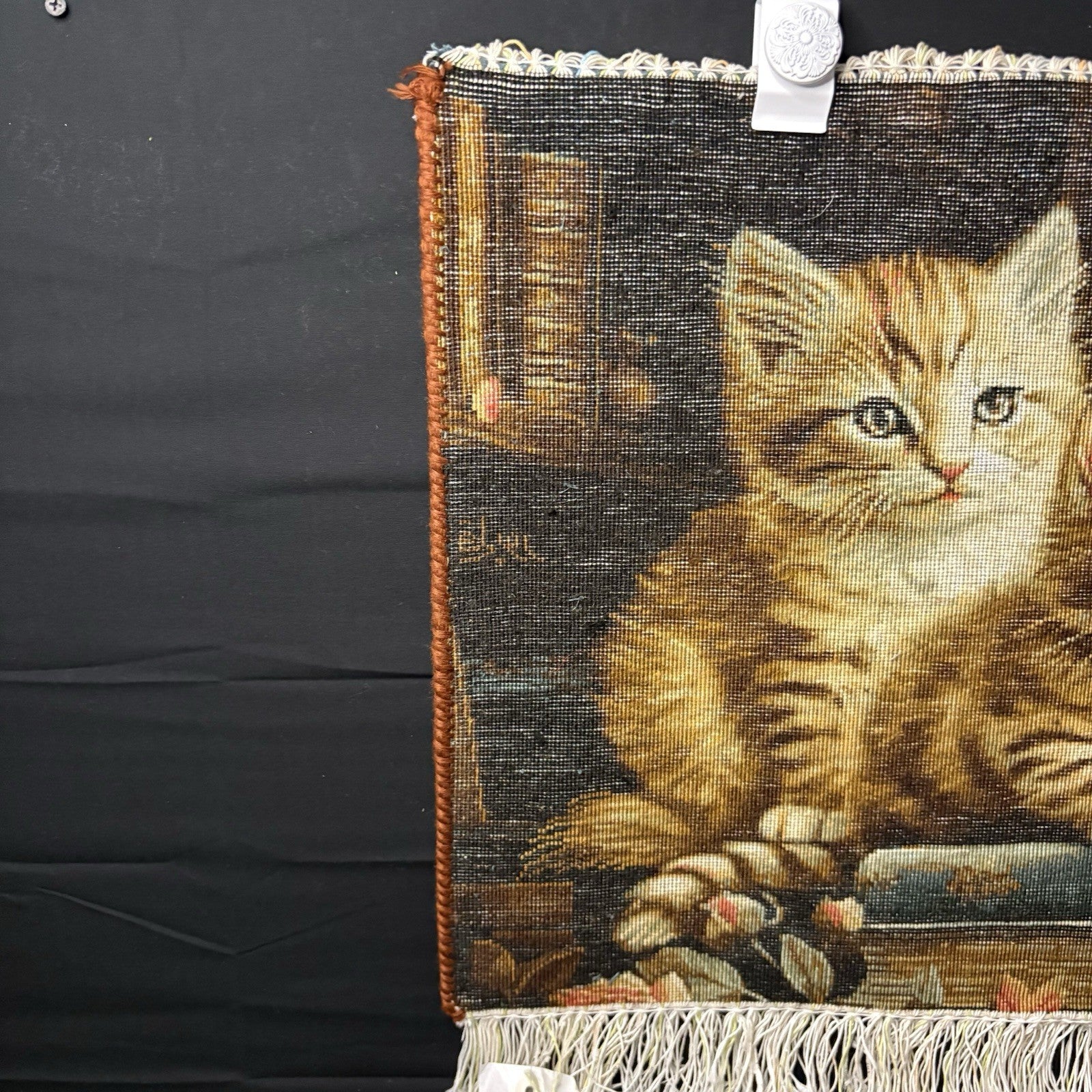 Pictorial Rug Kittens Hand Knotted w/Silk Inlays 24”x16” w/Rug Hangers17