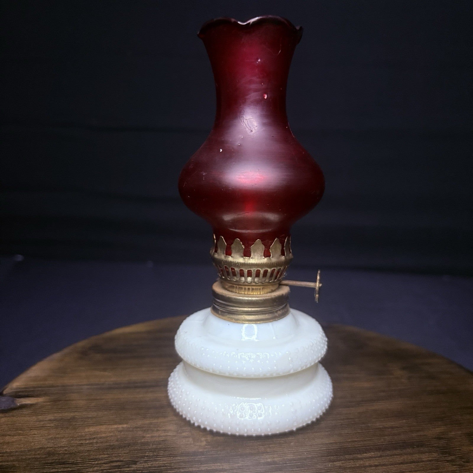 VTG Miniature Hurricane Oil Lamp Hobnail Milk Glass Base Ruby Globe, Hong Kong0