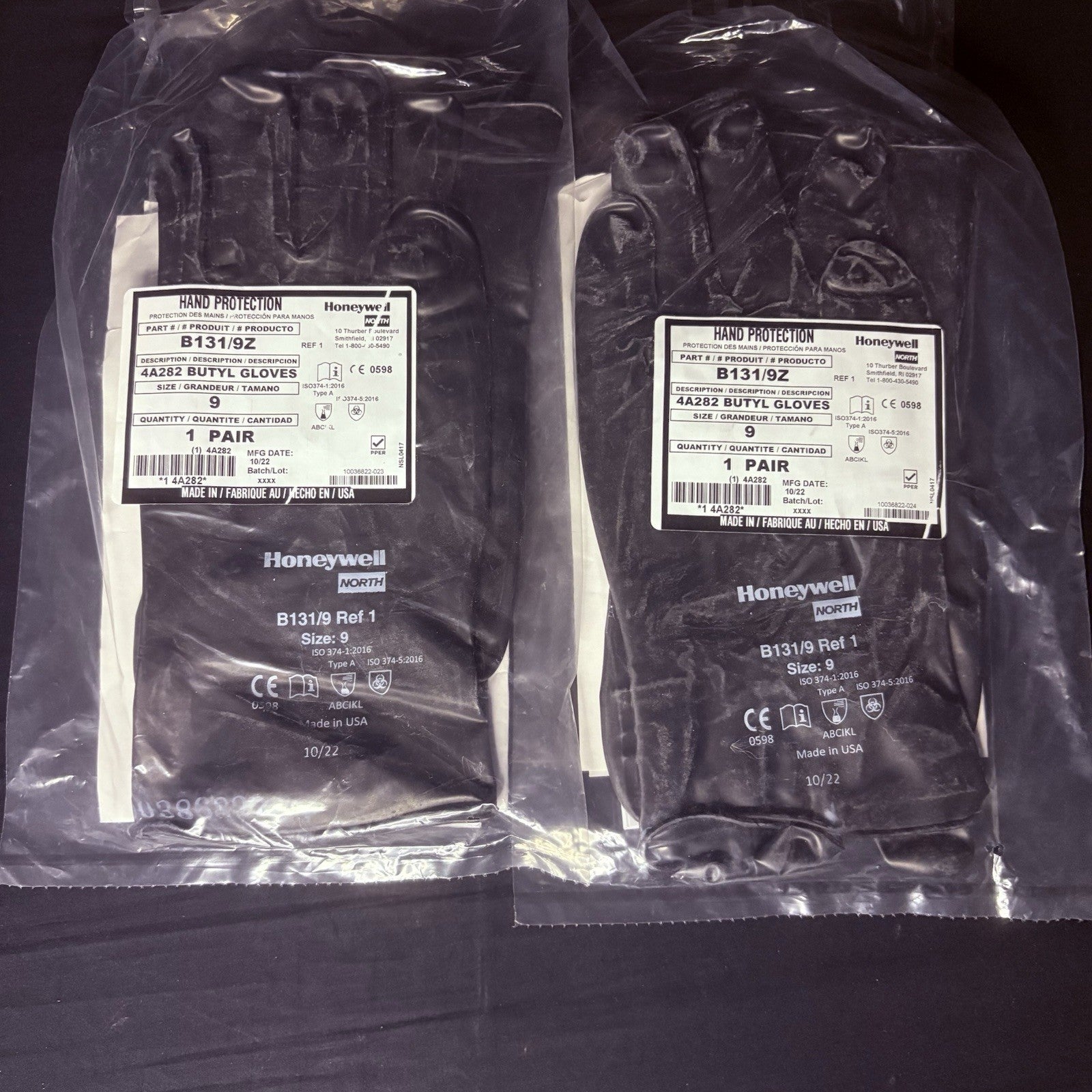 (2 Pack) Honeywell Butyl Gloves North B131/9 Chemical Resistant 13 Mil Sz 90