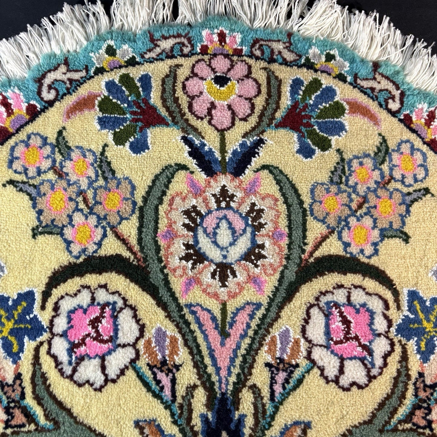 Persian Nain Round Flower Rug Yellow Hand Knotted Size 20”x20” Or 50cm X 50cm5
