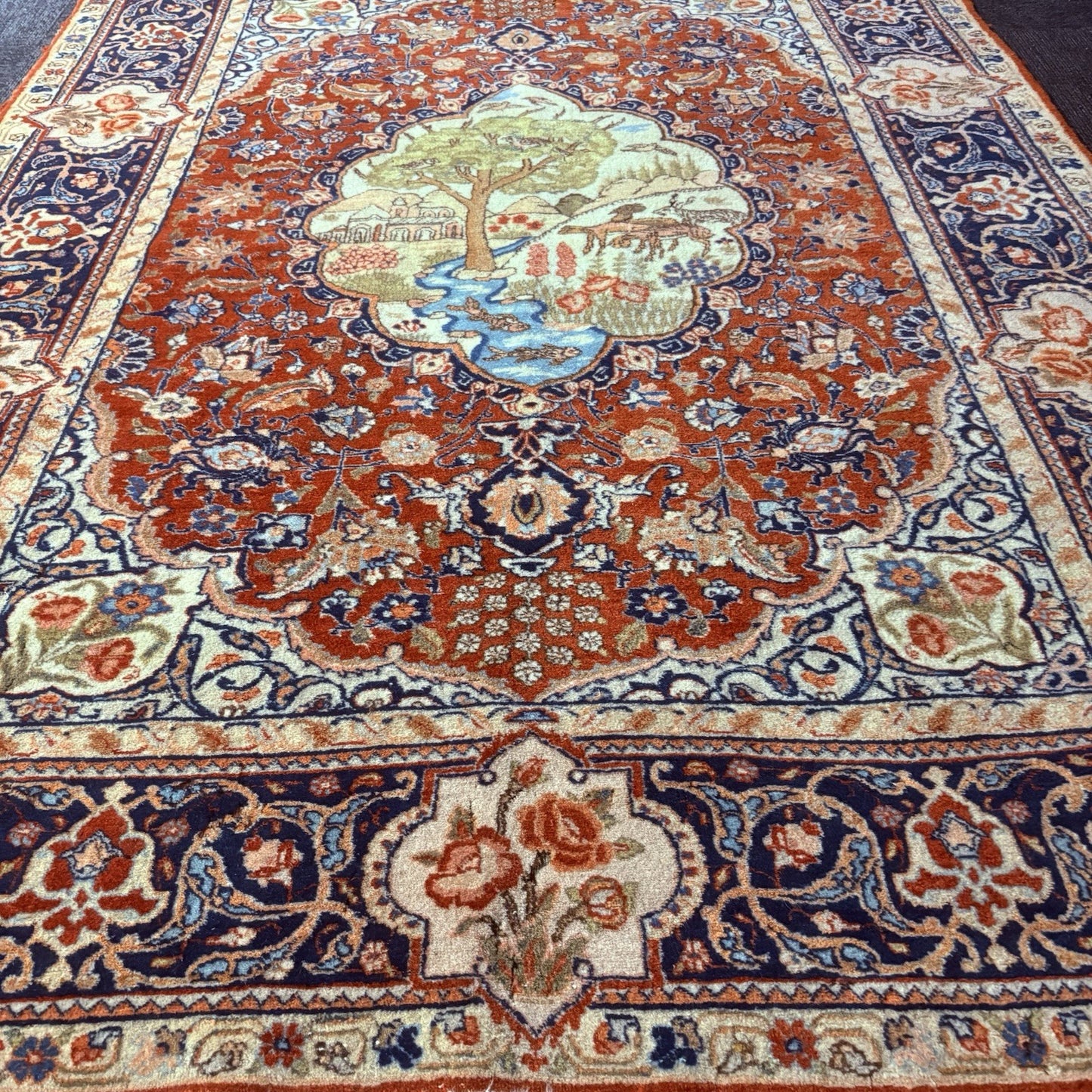Antique Persian Hand Knotted Pictorial Rug 4'x6' 289 KPSI 1940s Tabrizz Rug12