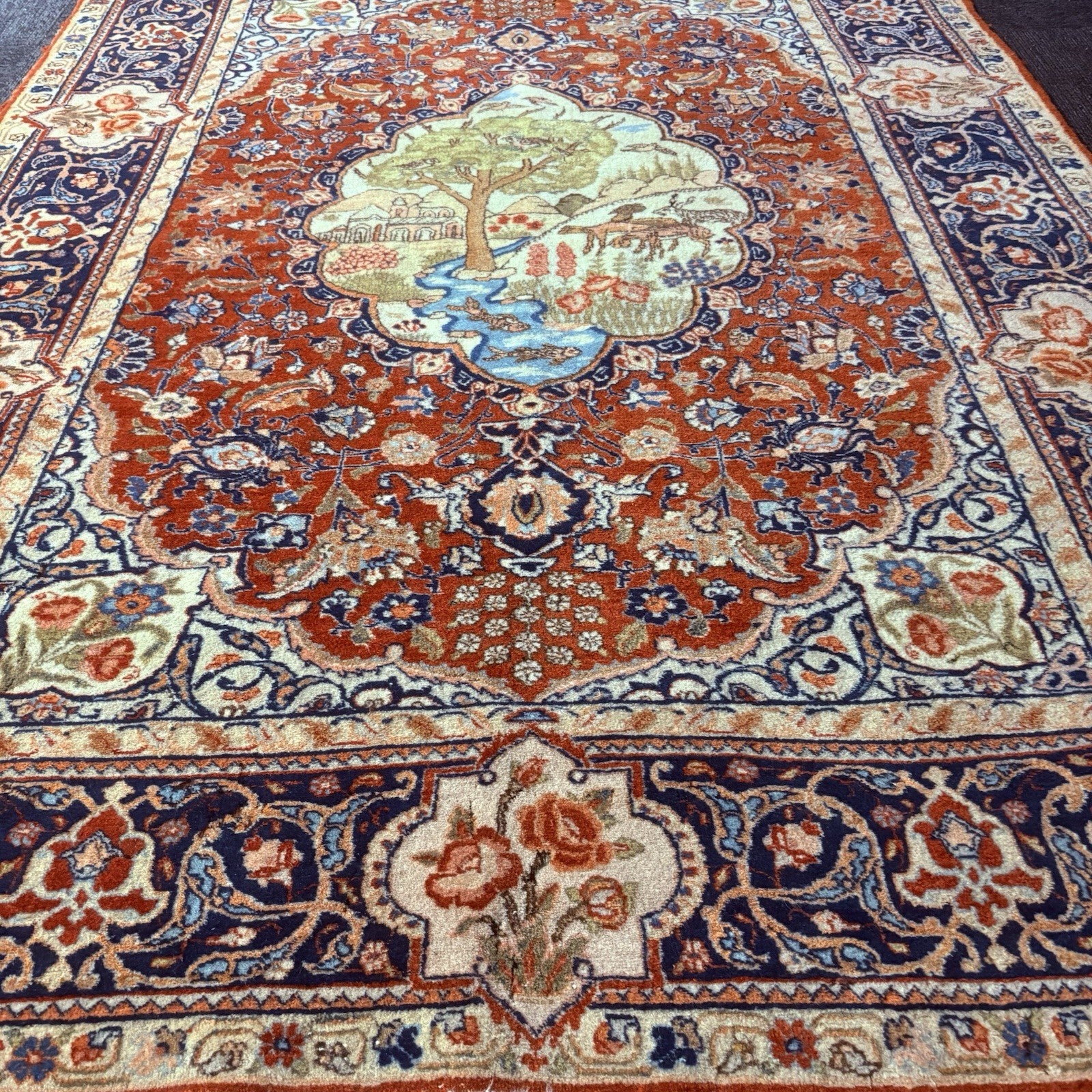 Antique Persian Hand Knotted Pictorial Rug 4'x6' 289 KPSI 1940s Tabrizz Rug12