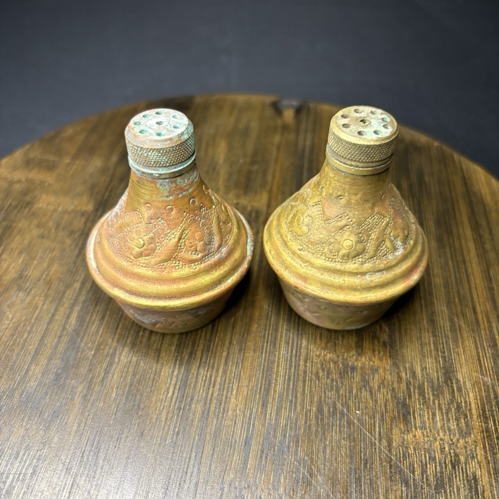 Antique Copper Salt & Pepper Shaker Hand Etched Copper Early 1900s1