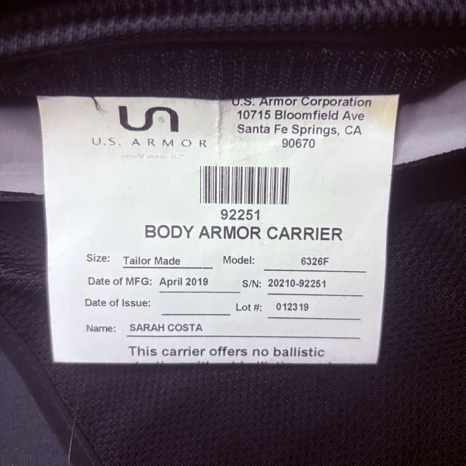 US Armor IIIA (3A) Bullet Proof Concealable Vest -Size Female Small- 201911