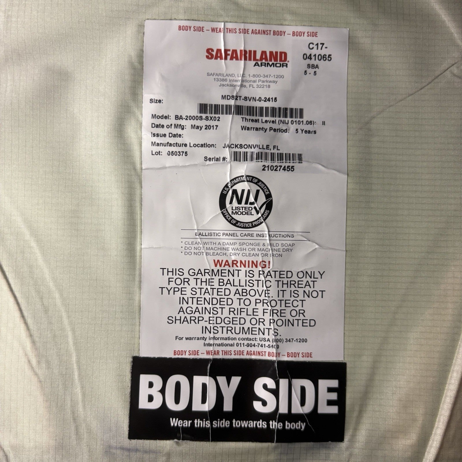 Safariland SX Level 2 (II) Armor Size XXLarge (XXL) Thinnest Bullet Proof Plate7