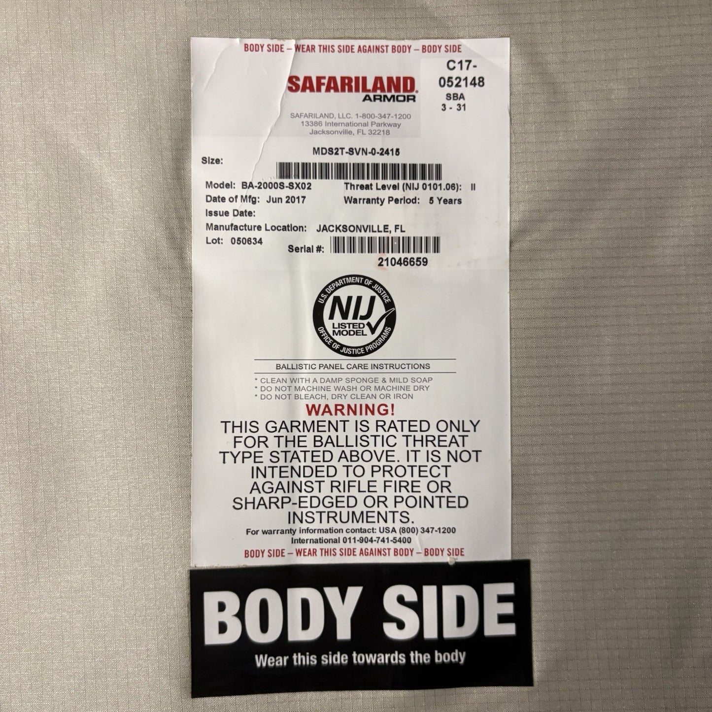 Safariland SX Level 2(II) Armor Size X-Large XL Thinnest Lightest Bullet Proof9