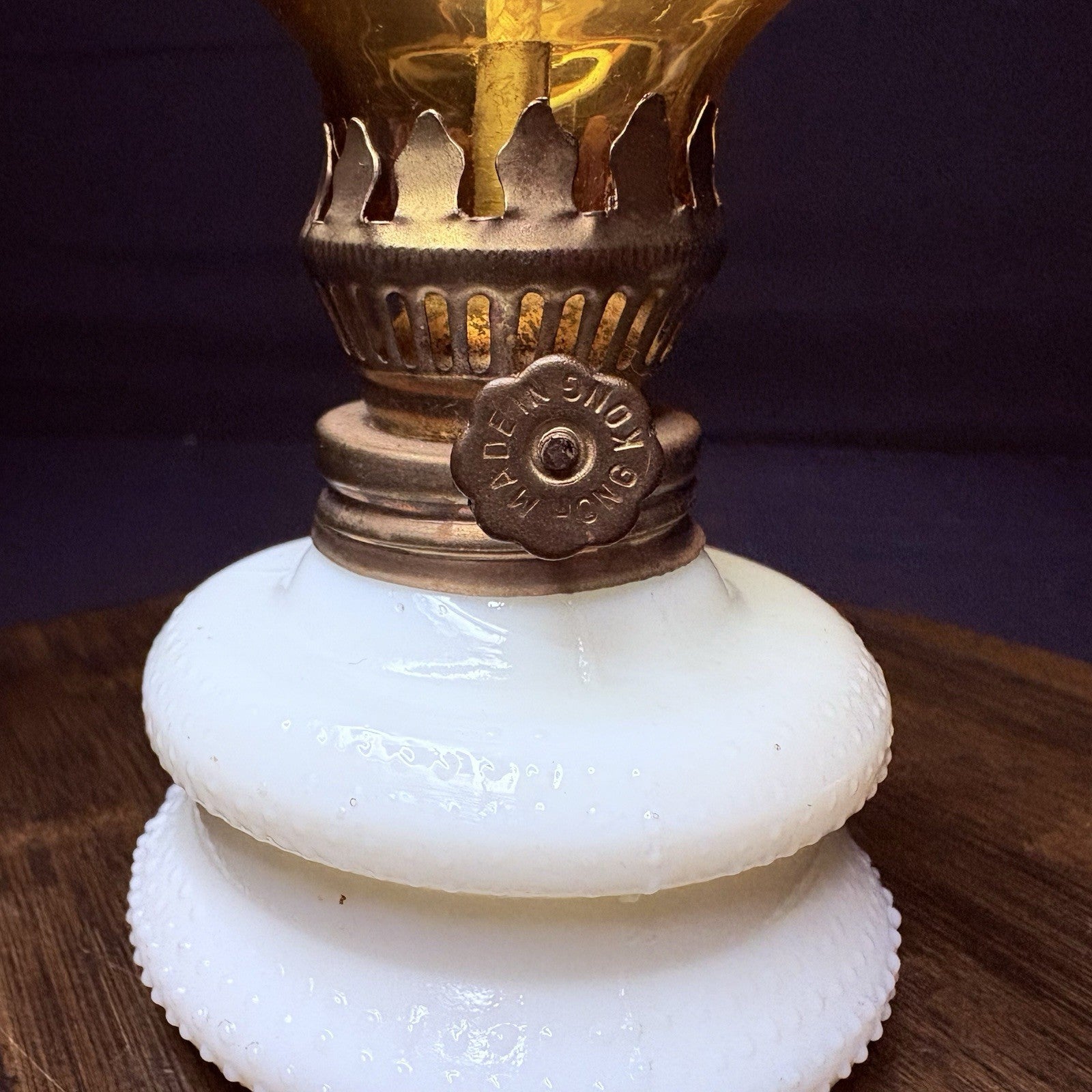 VTG Miniature Hurricane Oil Lamp Hobnail Milk Glass Base Amber Globe, Hong Kong4