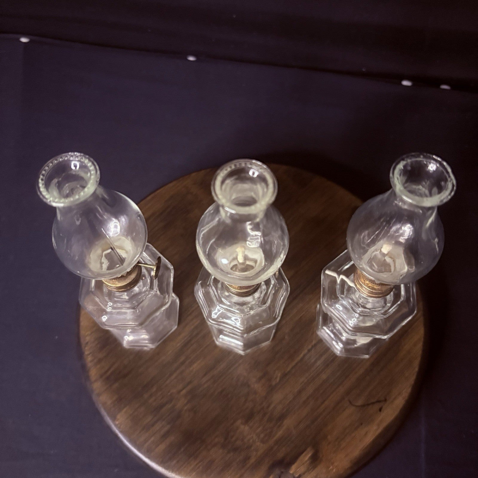VTG 3 Miniature Hurricane Oil Lamp Set Of 3, Thick Glass Octagon Base - 6.5"1