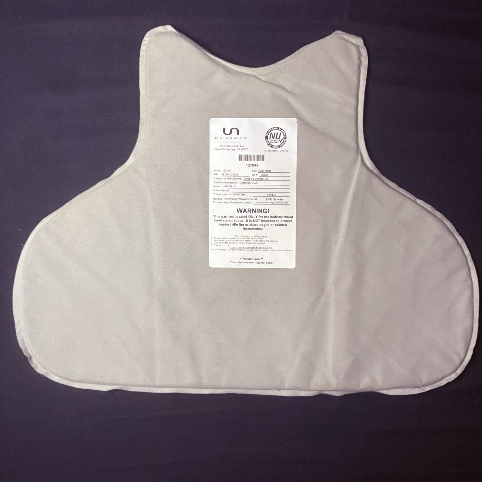 US Armor Level II (2)  Bullet Proof Concealable Vest -Size SMALL- 202010