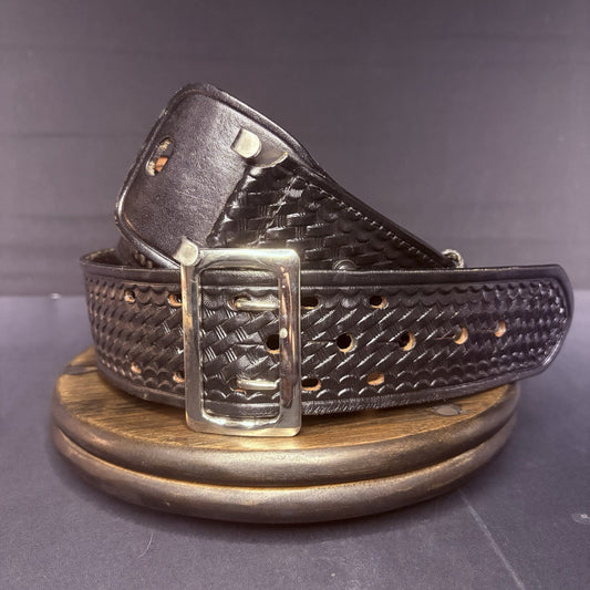 DutyMan Sam Browne Duty Belt Size 38" Chrome Buckle Basketweave Leather (1071)1