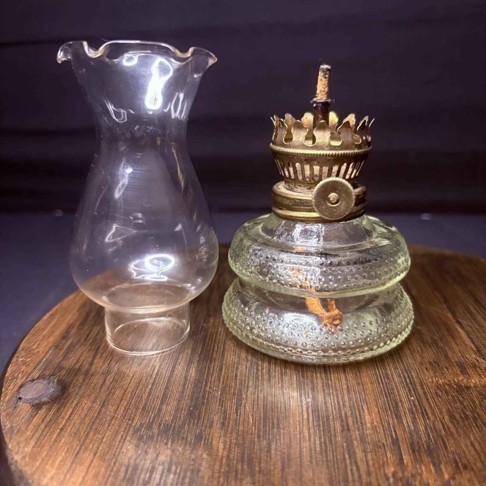 VTG Miniature Hurricane Lamp Clear w/ Hobnail Double Bubble Base Hong Kong Made3