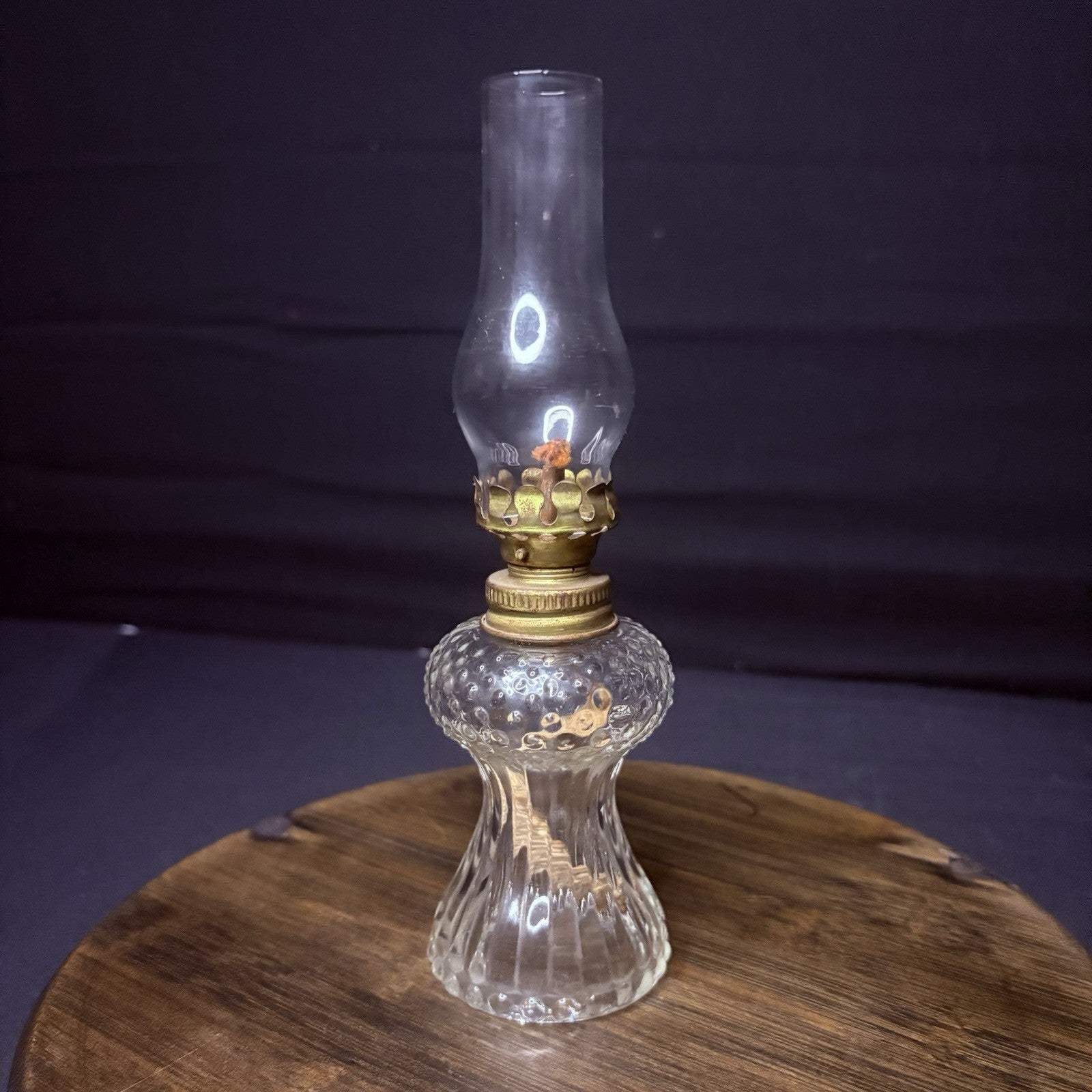Vintage Miniature Hurricane Oil Lamp Clear w/ Hobnail Bubble Base 7.5"10