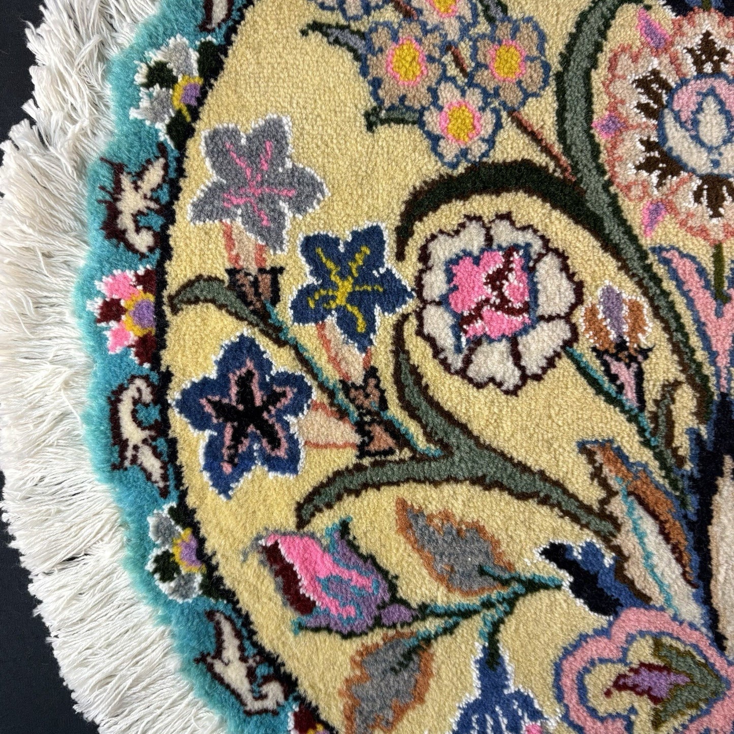 Persian Nain Round Flower Rug Yellow Hand Knotted Size 20”x20” Or 50cm X 50cm6