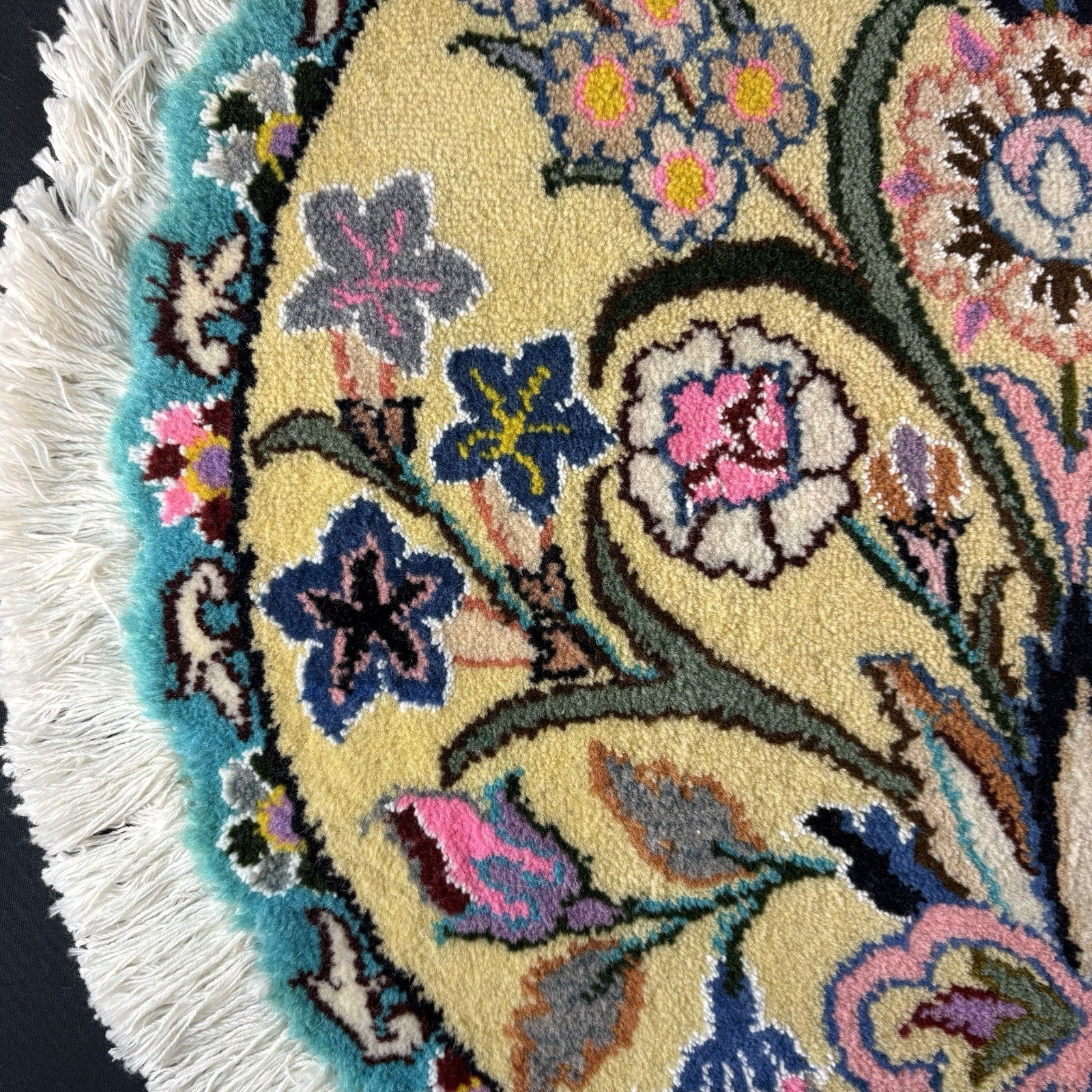 Persian Nain Round Flower Rug Yellow Hand Knotted Size 20”x20” Or 50cm X 50cm6