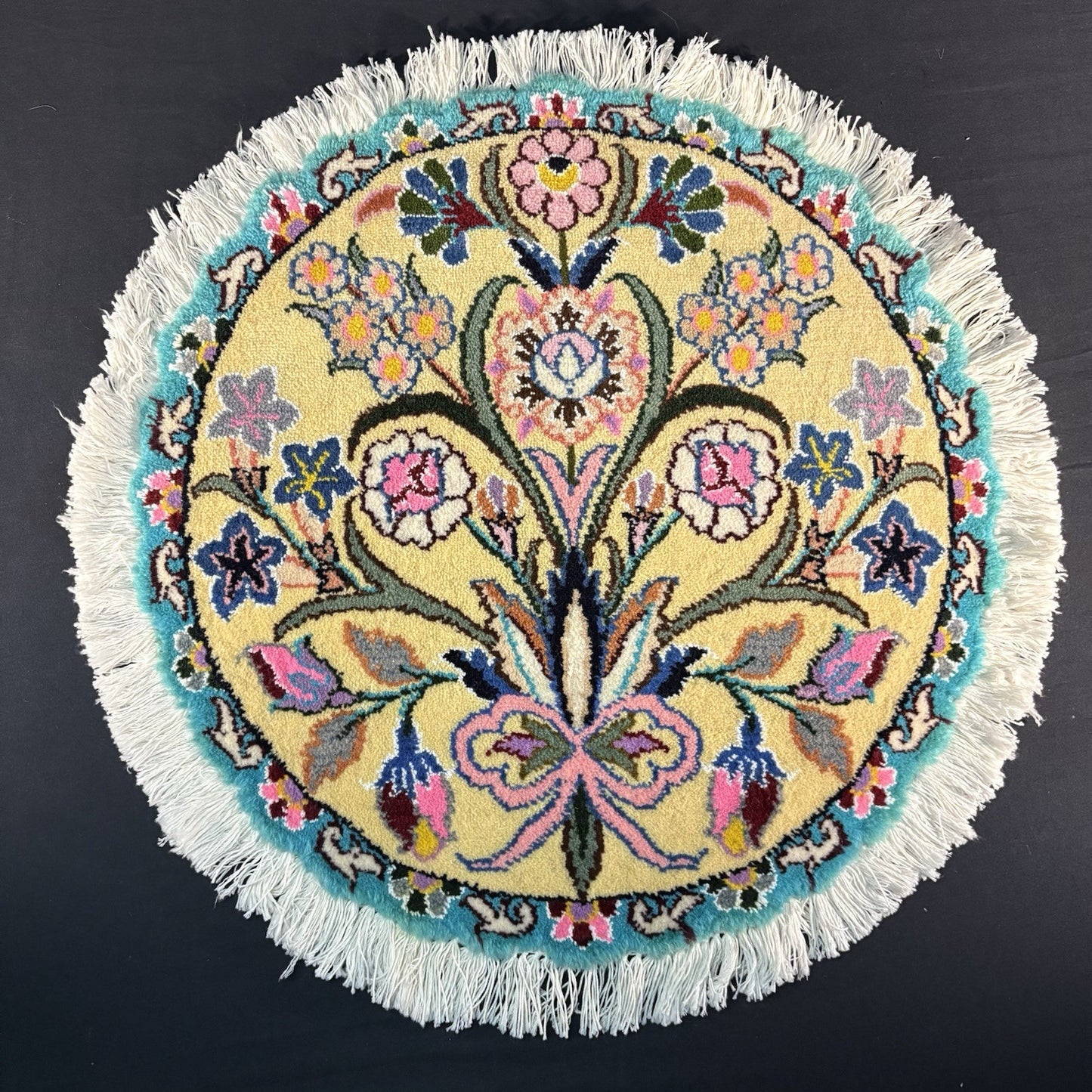 Persian Nain Round Flower Rug Yellow Hand Knotted Size 20”x20” Or 50cm X 50cm0