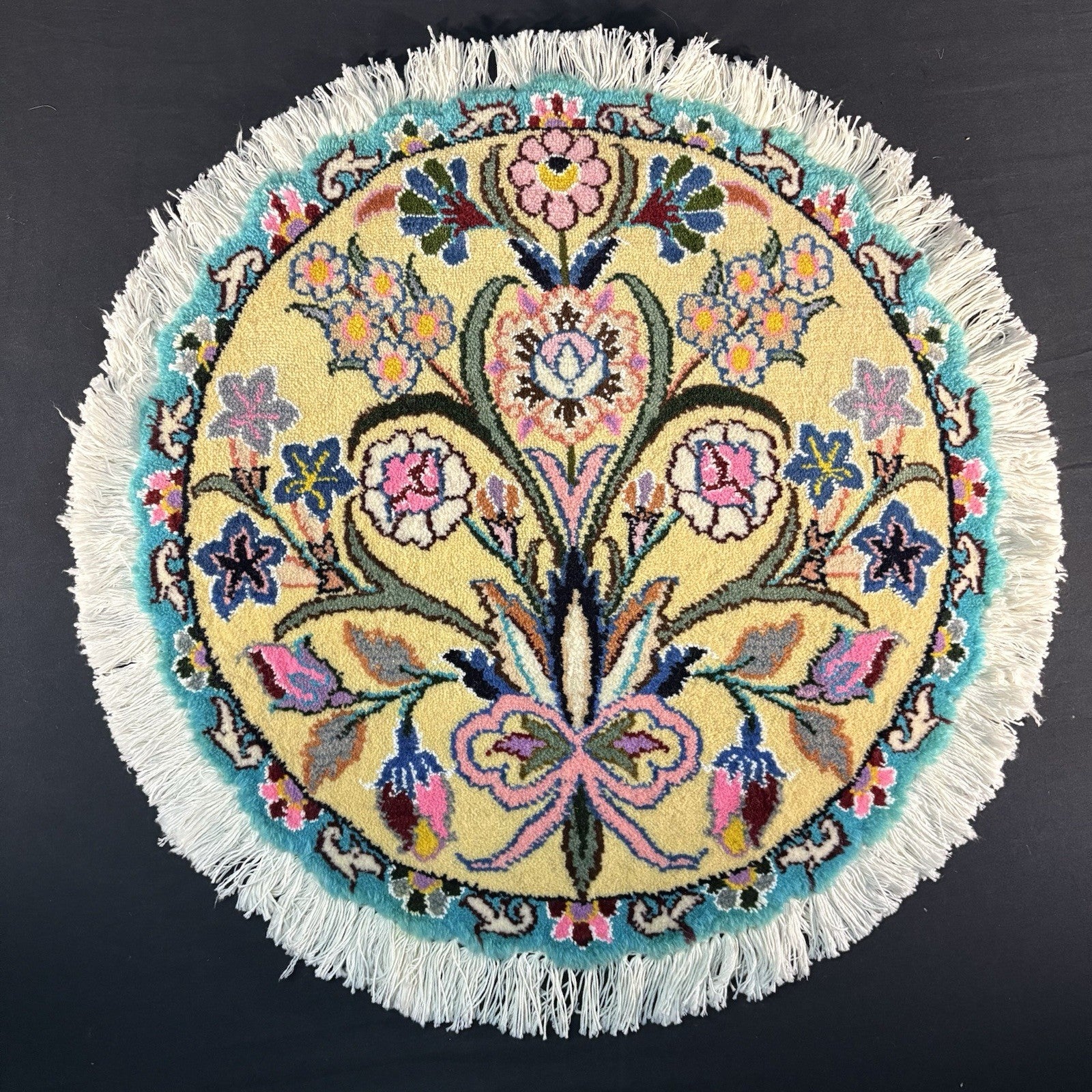 Persian Nain Round Flower Rug Yellow Hand Knotted Size 20”x20” Or 50cm X 50cm0