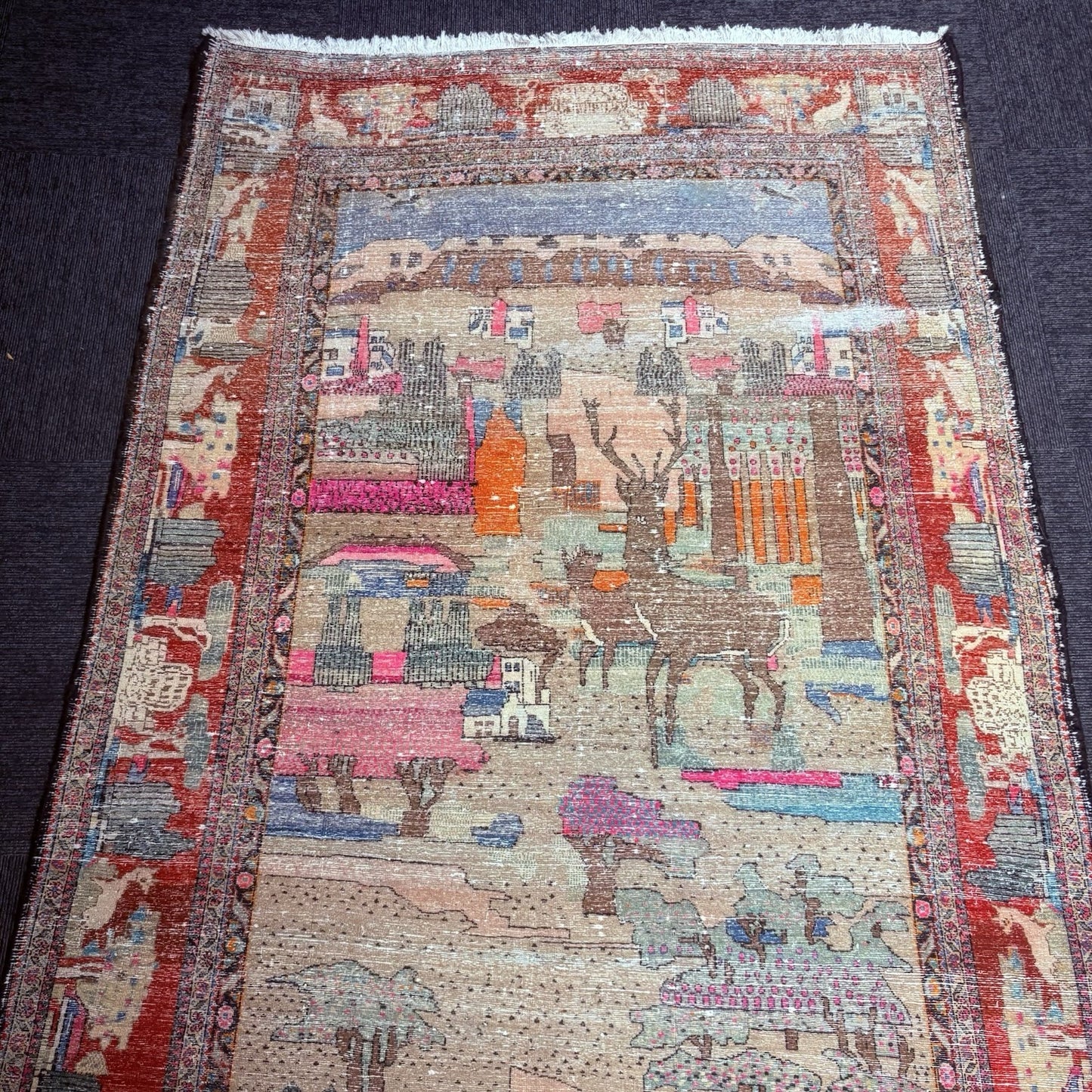 Antique Hand Knotted Pictorial Rug 9'x5' 1940s Kashann Rug20
