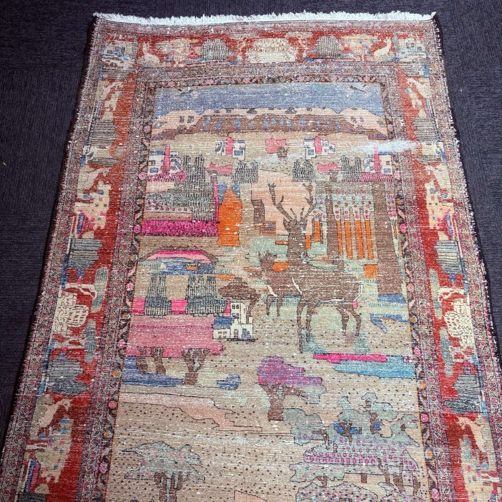 Antique Hand Knotted Pictorial Rug 9'x5' 1940s Kashann Rug20