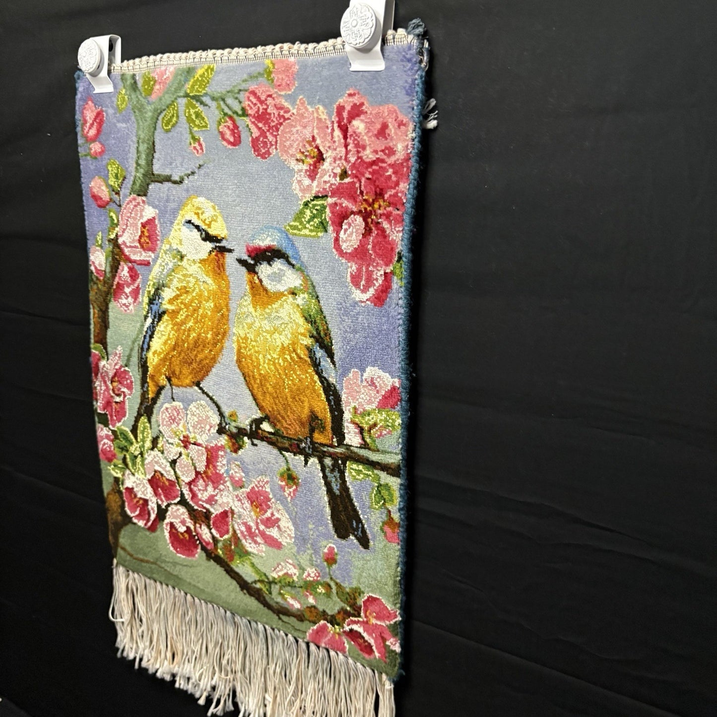 Per’sian Pictorial Rug Hand Knotted Birds & Flowers w/Silk 21”x15” w/Rug Hangers4