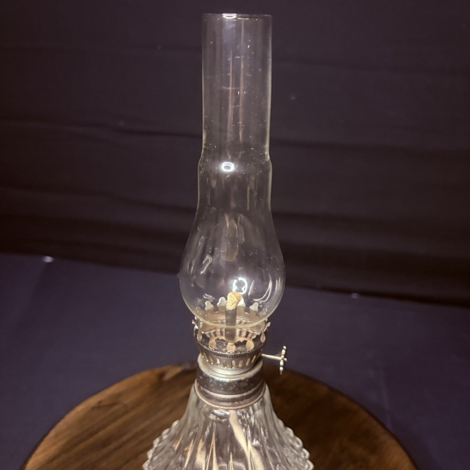 Vintage Miniature Hurricane Oil Lamp Lamplight Long Chimney, Diamond Cut Base2
