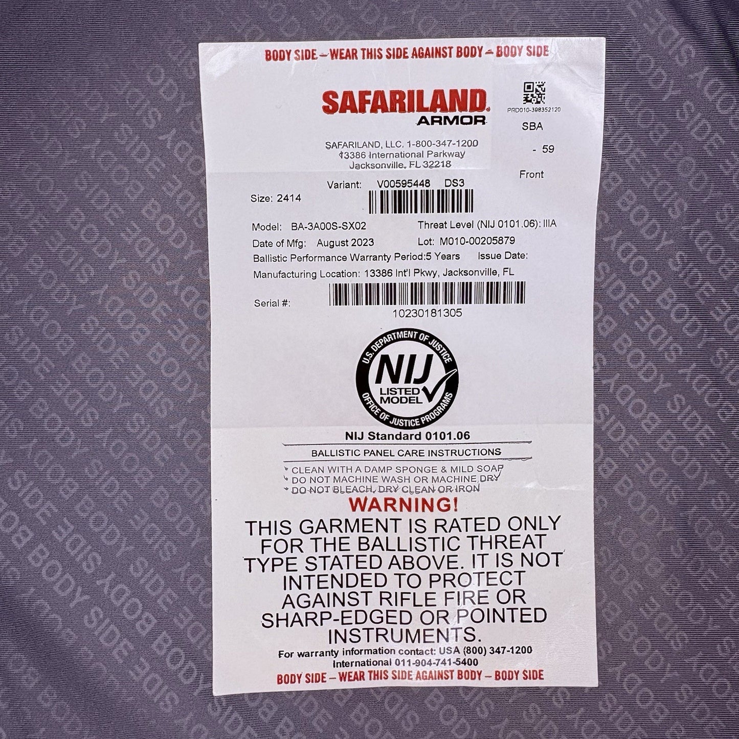 Safariland 2023 SX Bullet Proof 3A Panels Size XXL Thinnest IIIA Ballistic Armor2