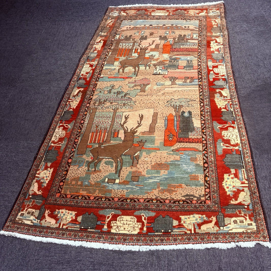 Antique Hand Knotted Pictorial Rug 9'x5' 1940s Kashann Rug0