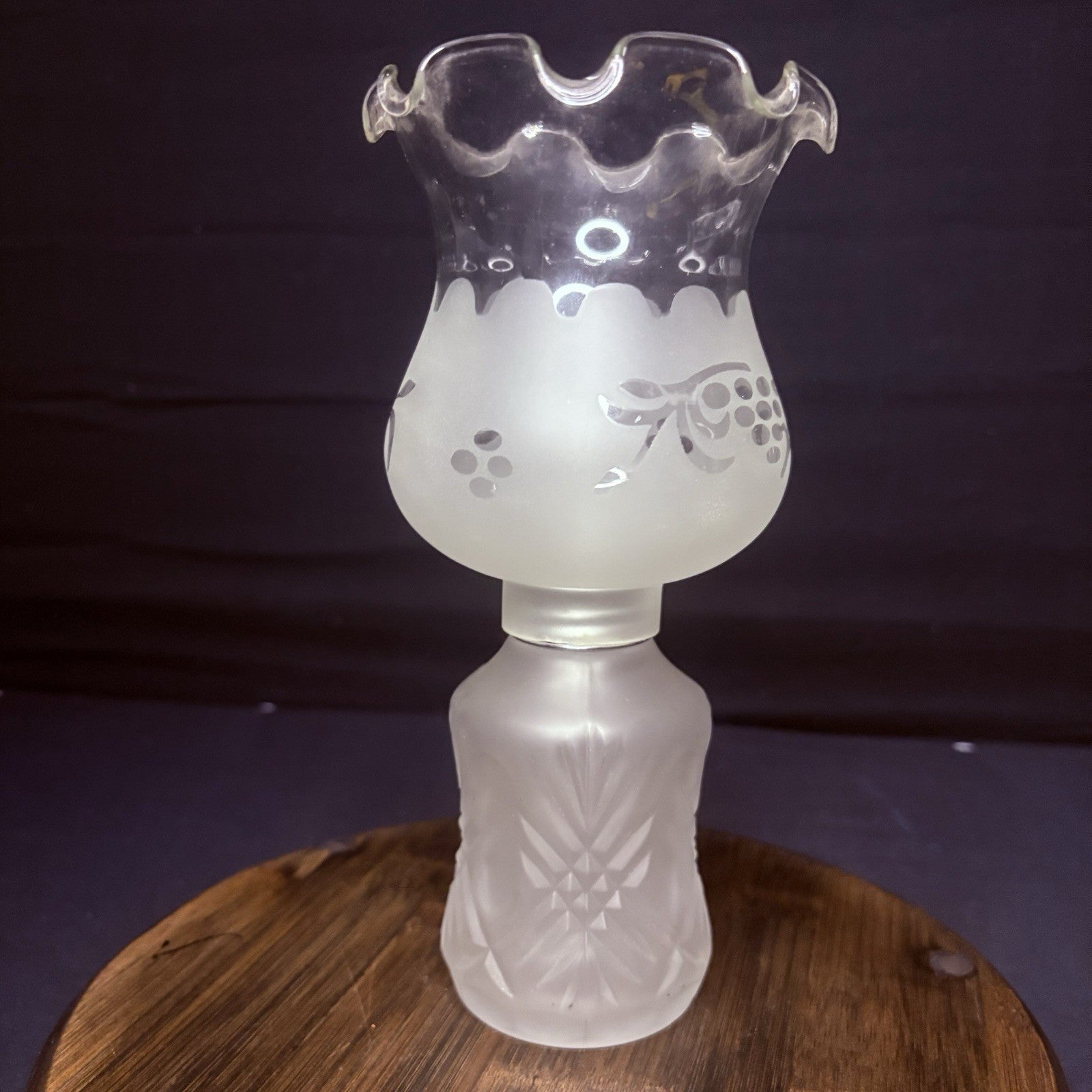 Vintage Miniature Hurricane Lamp By LampLight Farms Frosted & Etched Glass  8.5"14