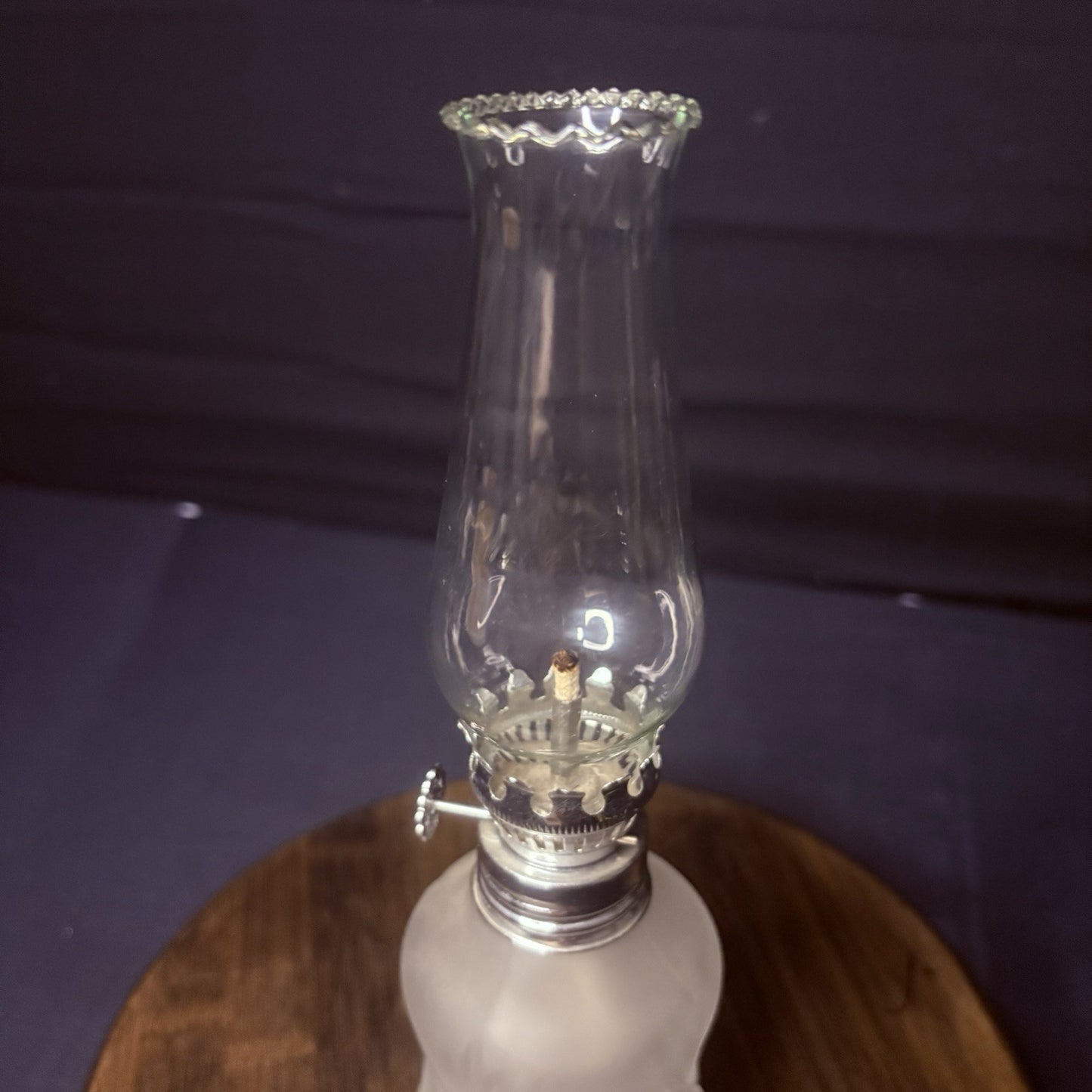 VTG Miniature Hurricane Oil Lamp LampLight Farms Frosted Glass Austria Made 9.5”2