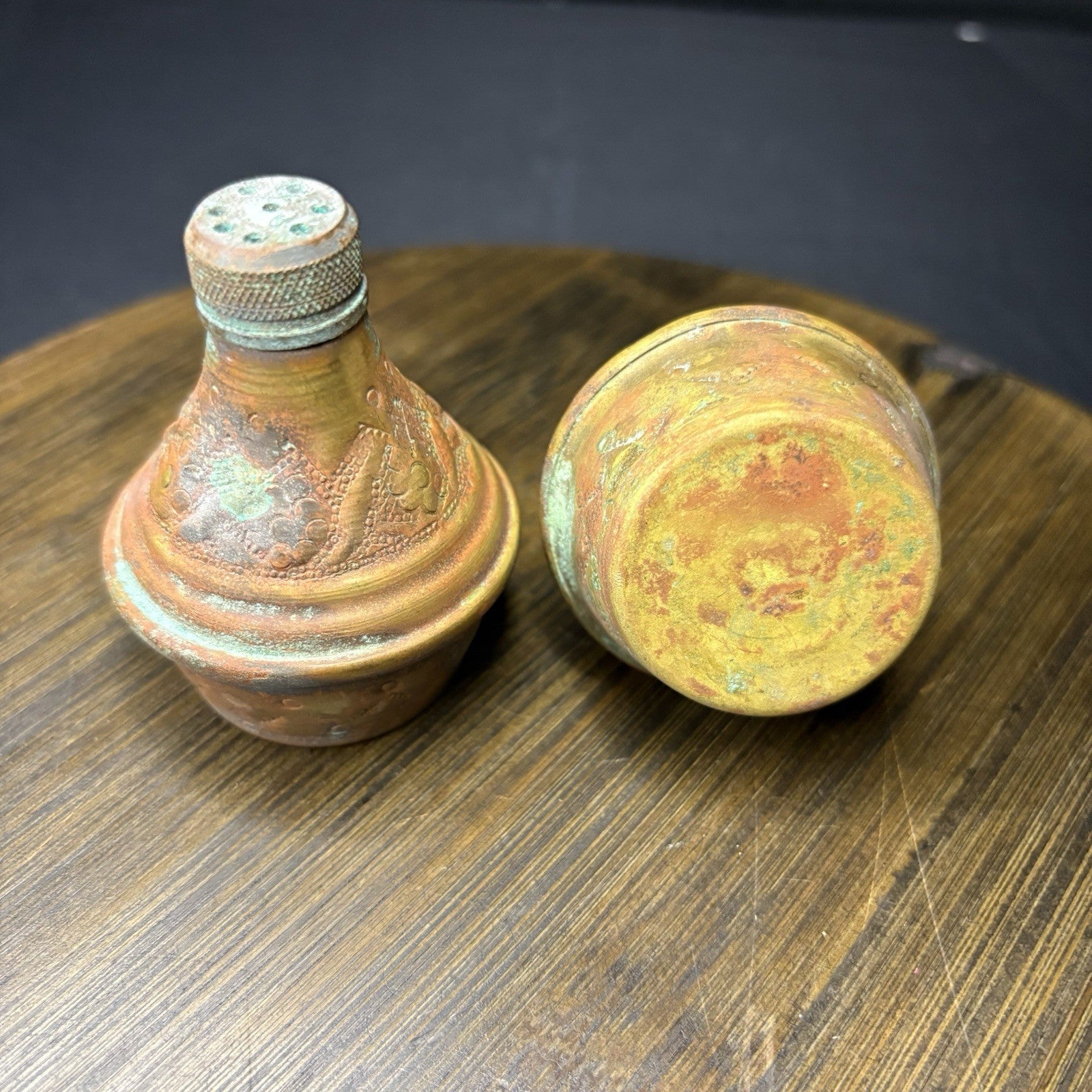 Antique Copper Salt & Pepper Shaker Hand Etched Copper Early 1900s7