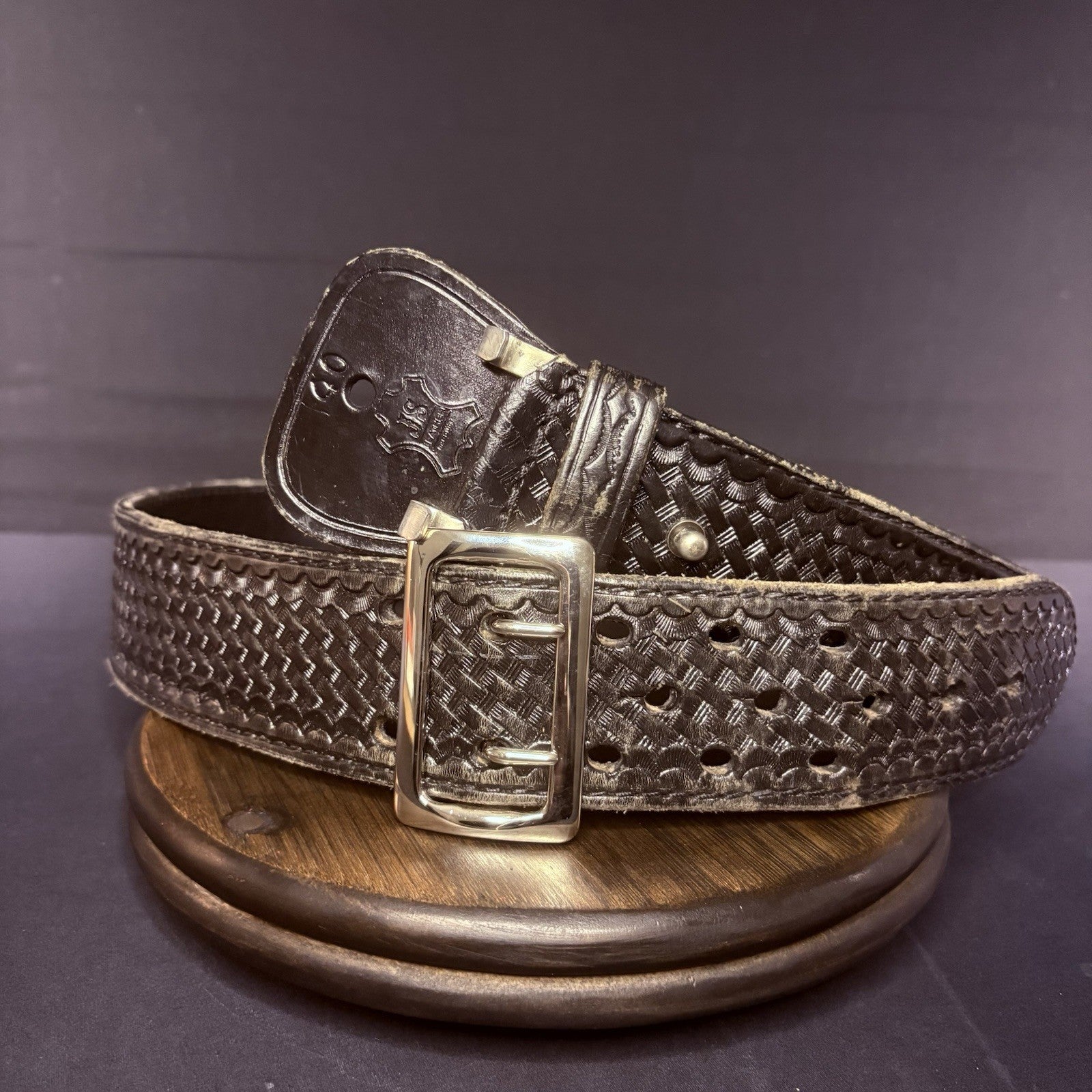 JS Leather Sam Browne Duty Belt Size 40" Black Basket Weave Chrome Brass Buckle3
