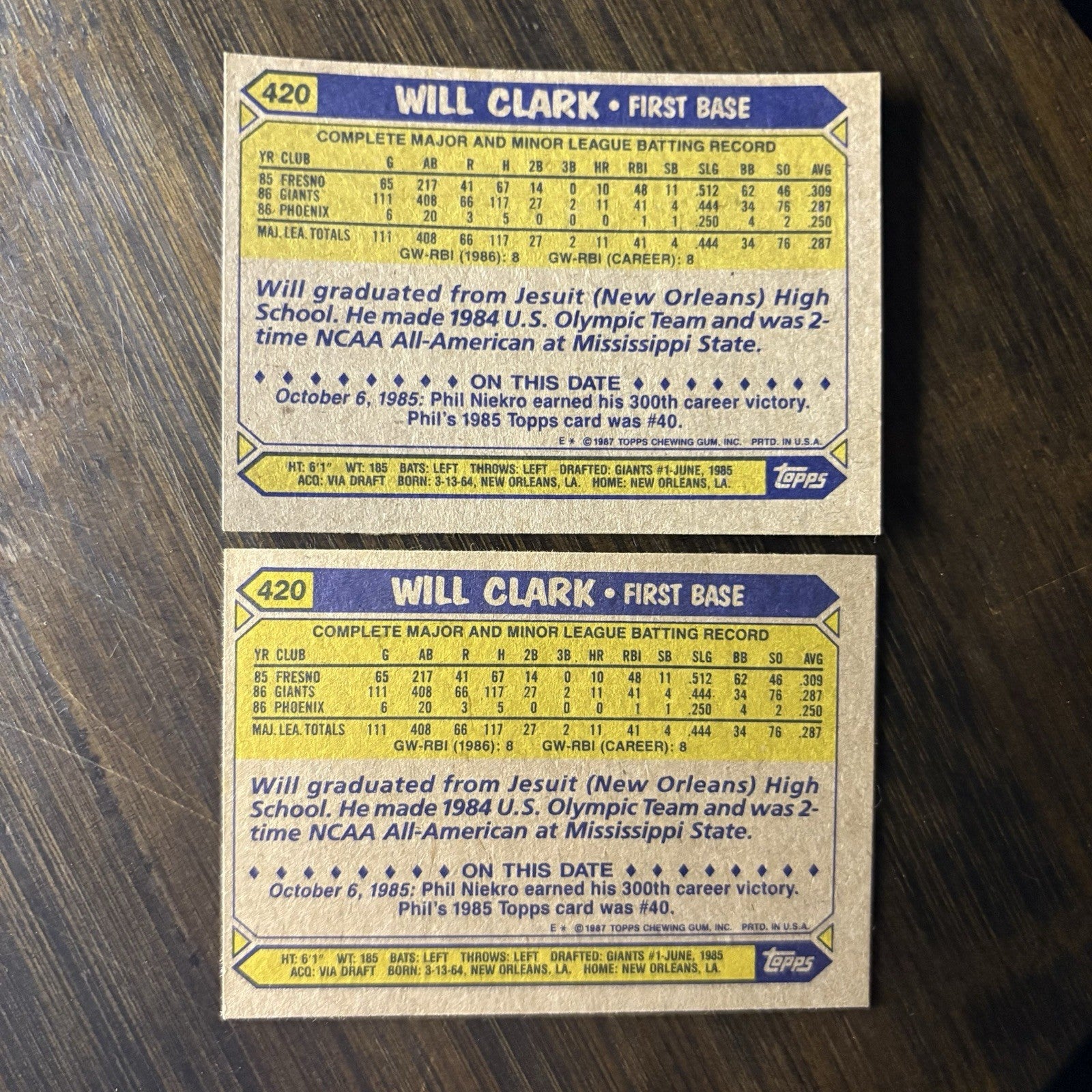 1987 Topps #420 Will Clark RC Lot Of 2 NMMT+ High Grade See Photos1