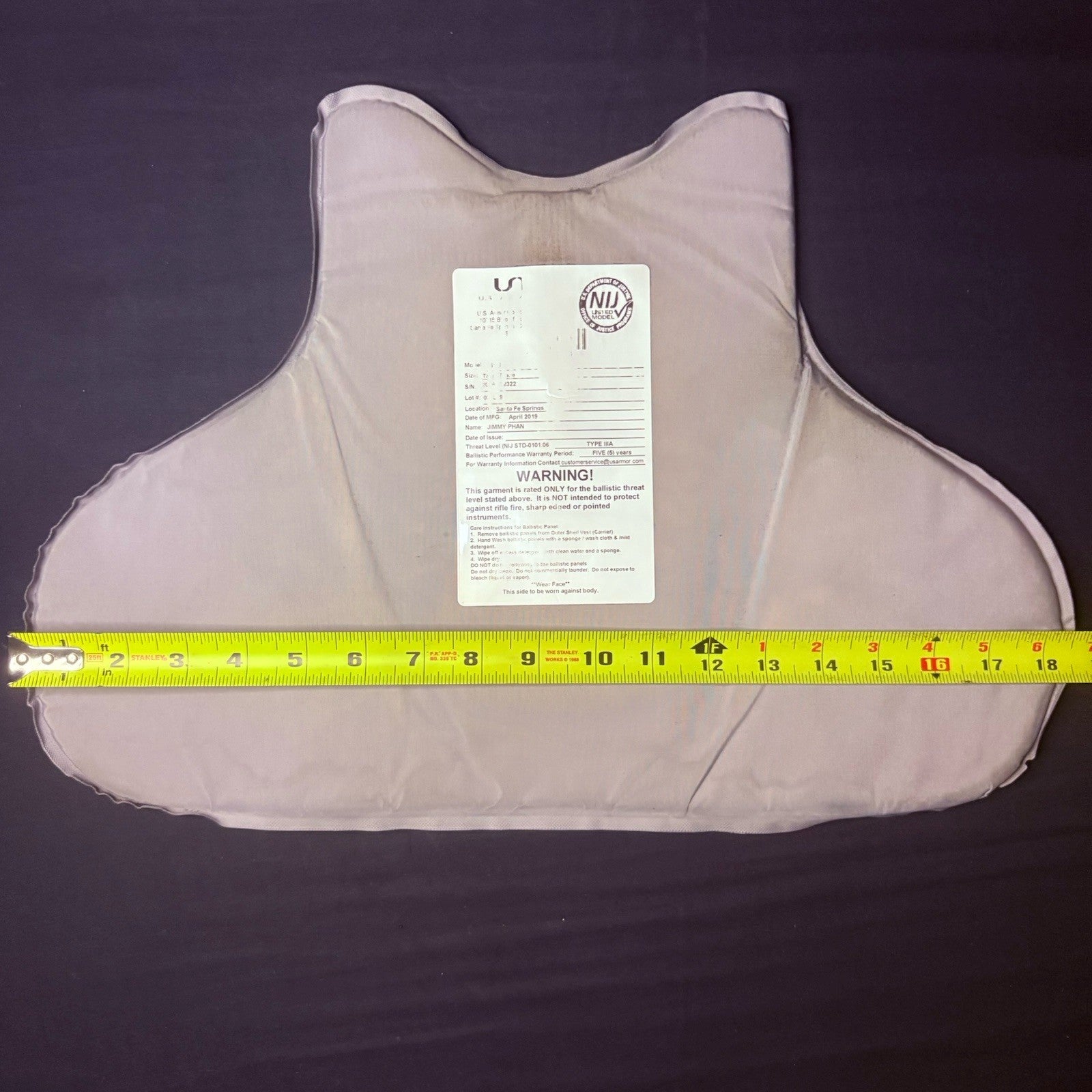 US Armor IIIA (3A) Bullet Proof Concealable Vest ~Size Medium~ 20199