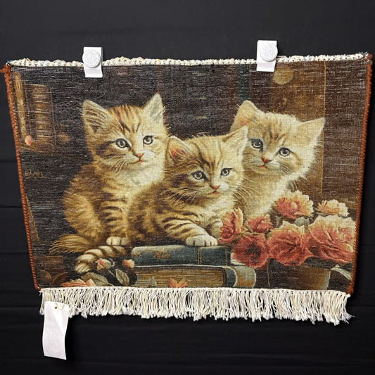 Persian Pictorial Rug Kittens Hand Knotted w/Silk Inlays 24”x16” w/Rug Hangers1