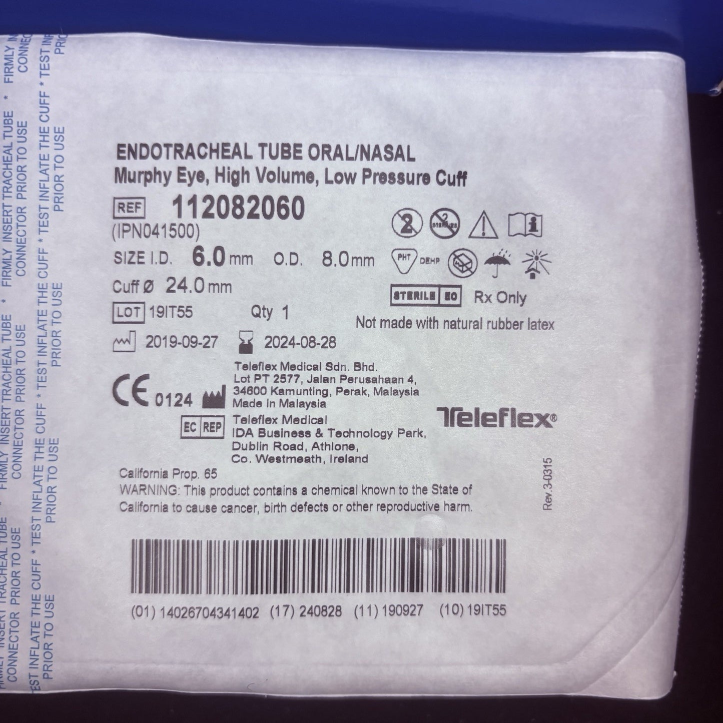 Rusch Box Of 10 Sterile Endotracheal Tube 6.0 mm w/Cuff Individually Packaged3