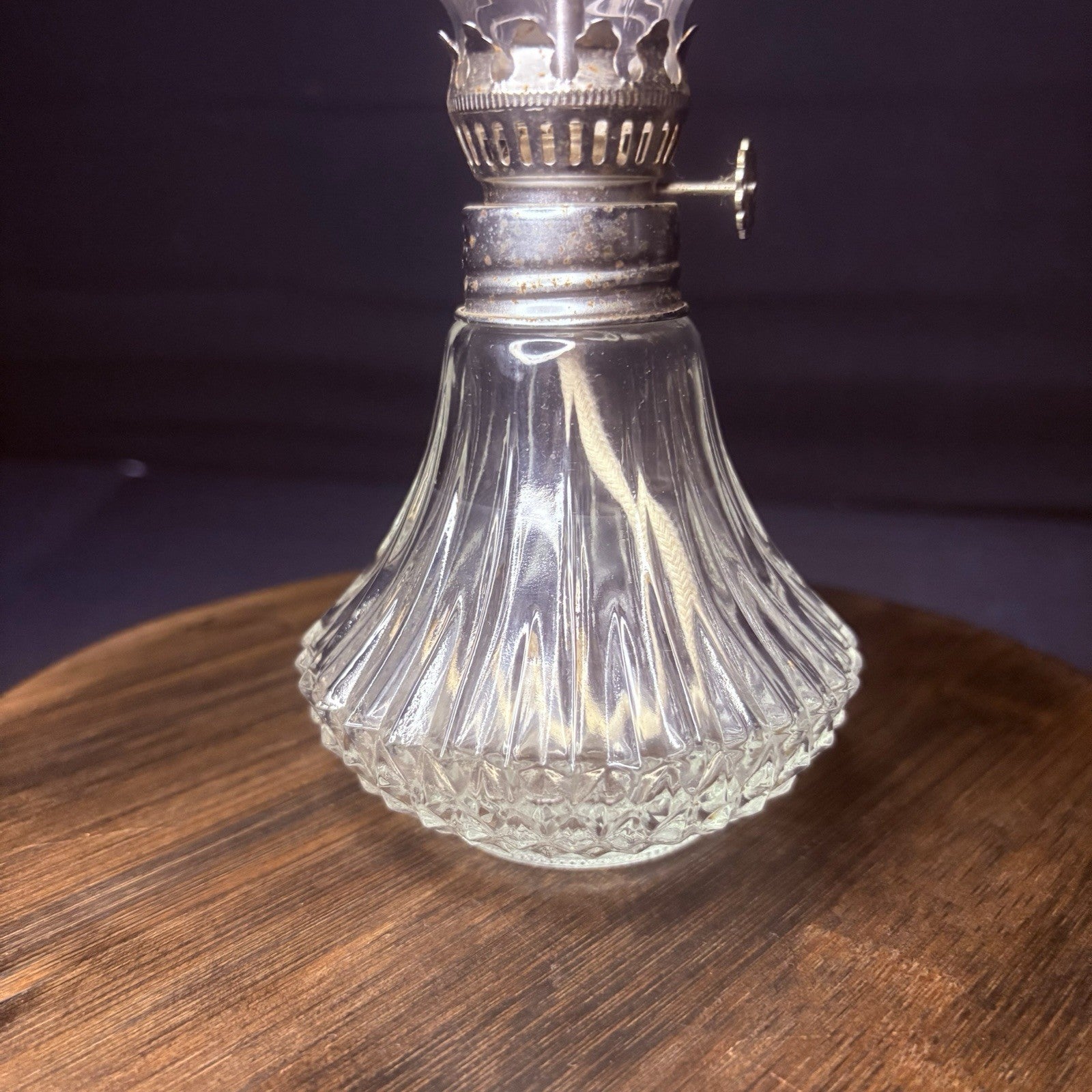 Vintage Miniature Hurricane Oil Lamp Lamplight Long Chimney, Diamond Cut Base1