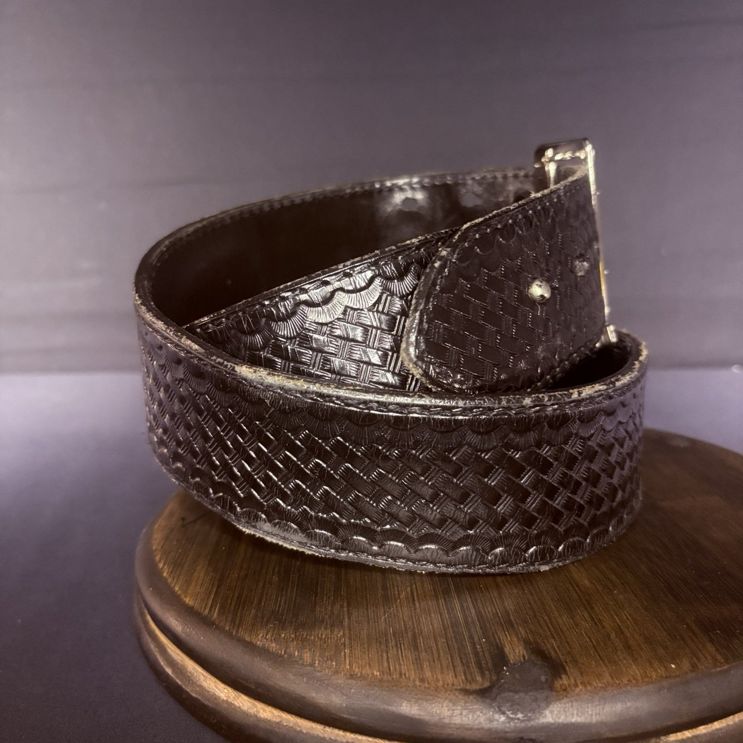 JS Leather Duty Belt Size 36" Black Basket Weave Chrome Brass Buckle Sam Browne9
