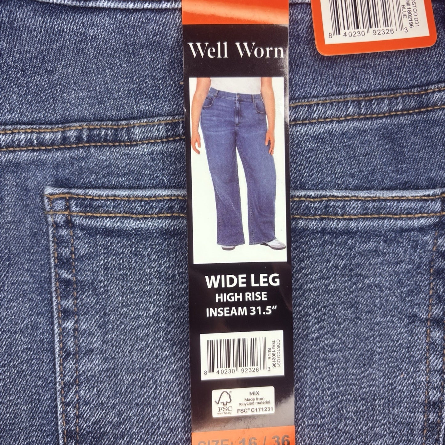 Well Worn Wide Leg High Rise Blue Jeans, SIZE 16/36 31.5" Long NWT4