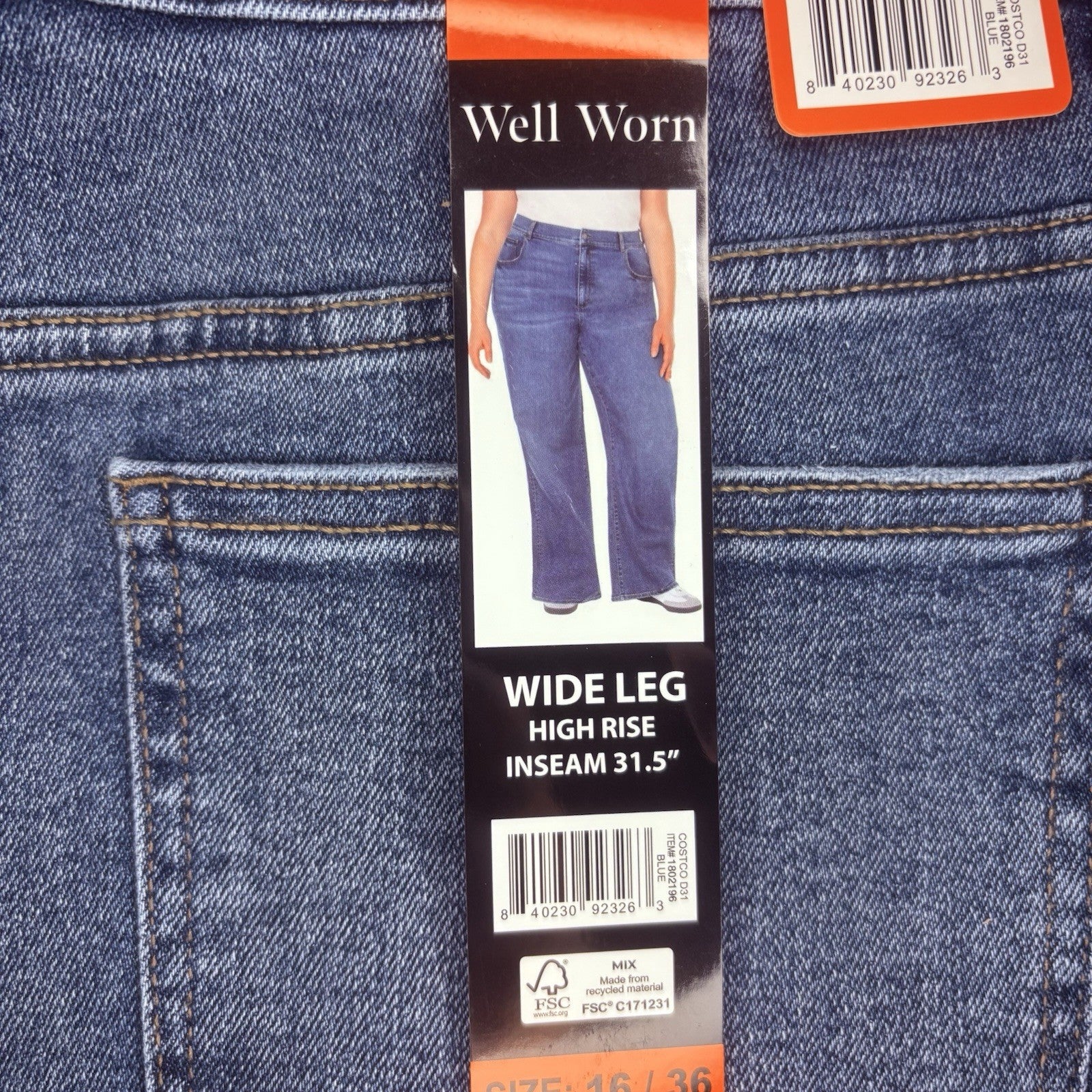 Well Worn Wide Leg High Rise Blue Jeans, SIZE 16/36 31.5" Long NWT4