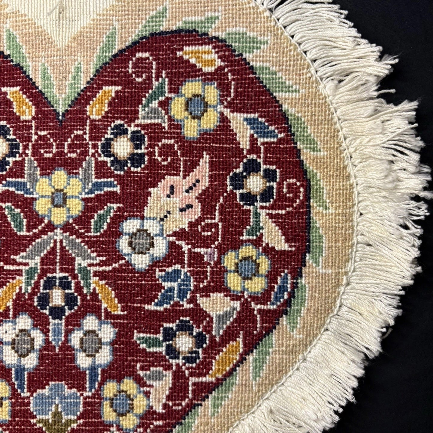 Heart Shape Rug Red w/Flowers Hand Knotted 14”x13” RARE 240 KPSI17