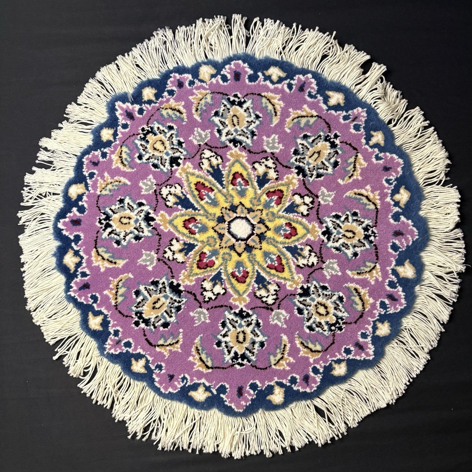 Persian Nain Round Rug Purple Medallion Rug Hand Knotted Size 15”x15” Or 38cm0