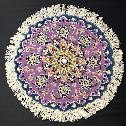 Persian Nain Round Rug Purple Medallion Rug Hand Knotted Size 15”x15” Or 38cm0