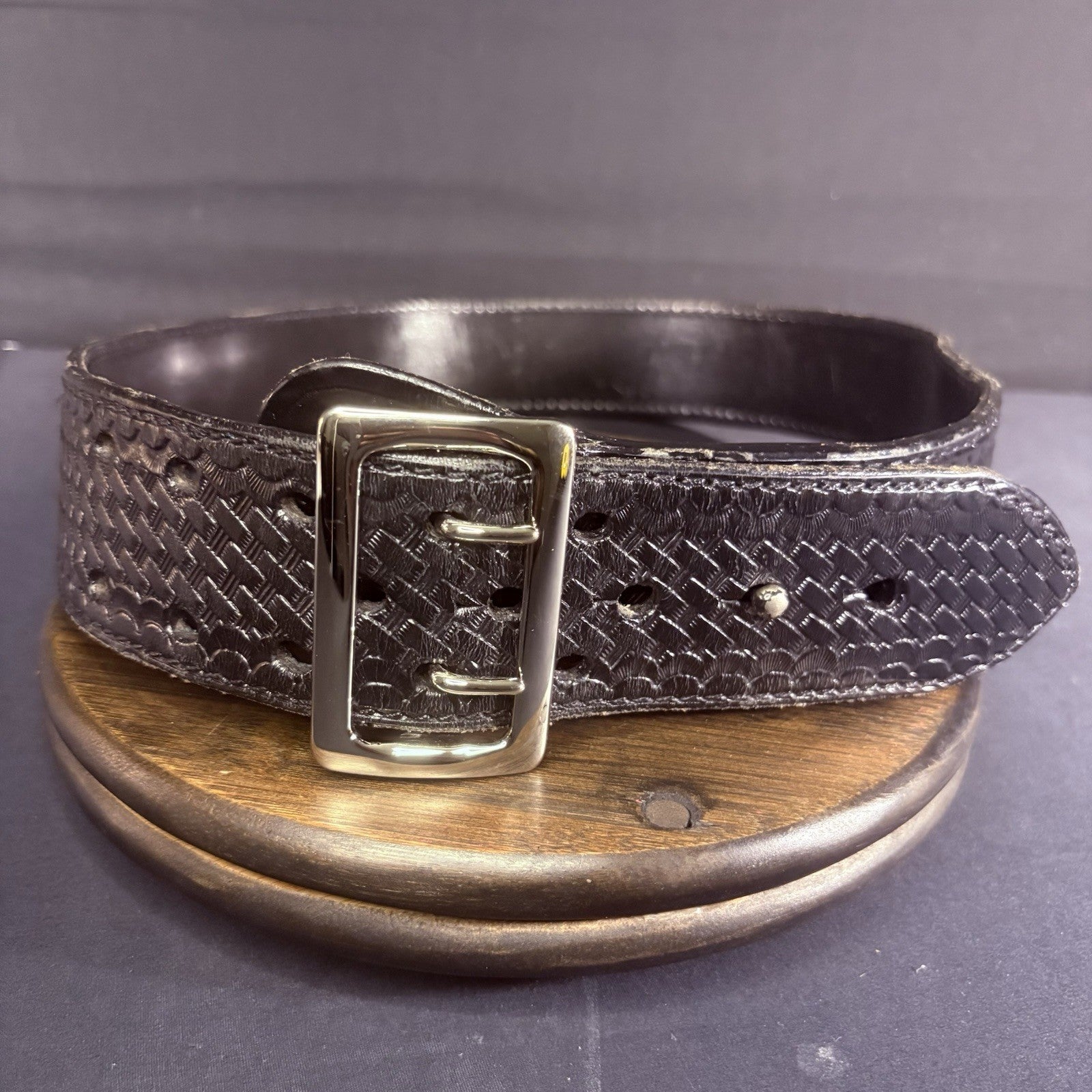 JS Leather Duty Belt Size 36" Black Basket Weave Chrome Brass Buckle Sam Browne4