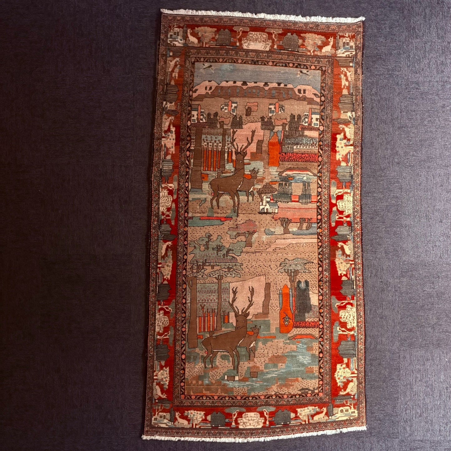 Antique Hand Knotted Pictorial Rug 9'x5' 1940s Kashann Rug1