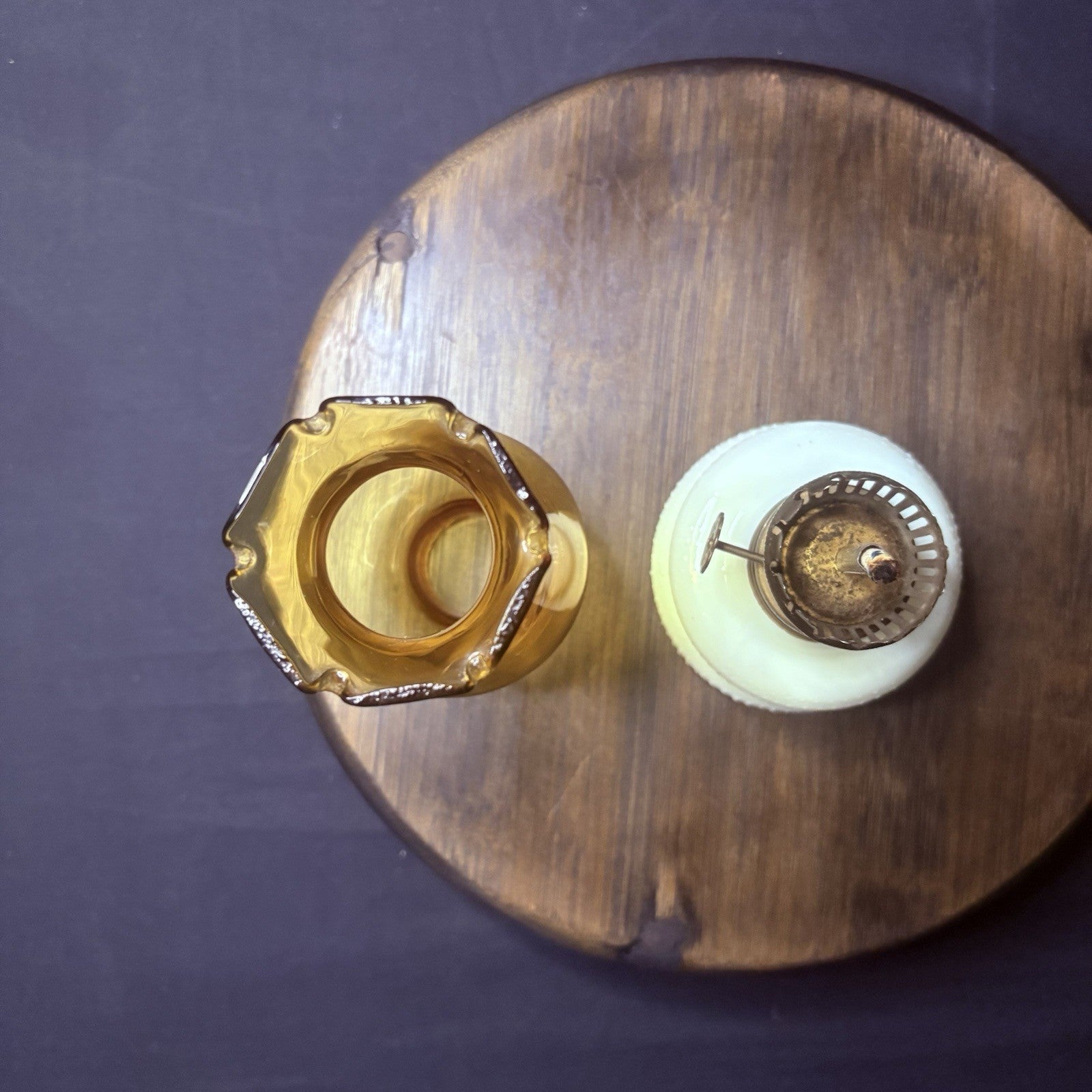 VTG Miniature Hurricane Oil Lamp Hobnail Milk Glass Base Amber Globe, Hong Kong7