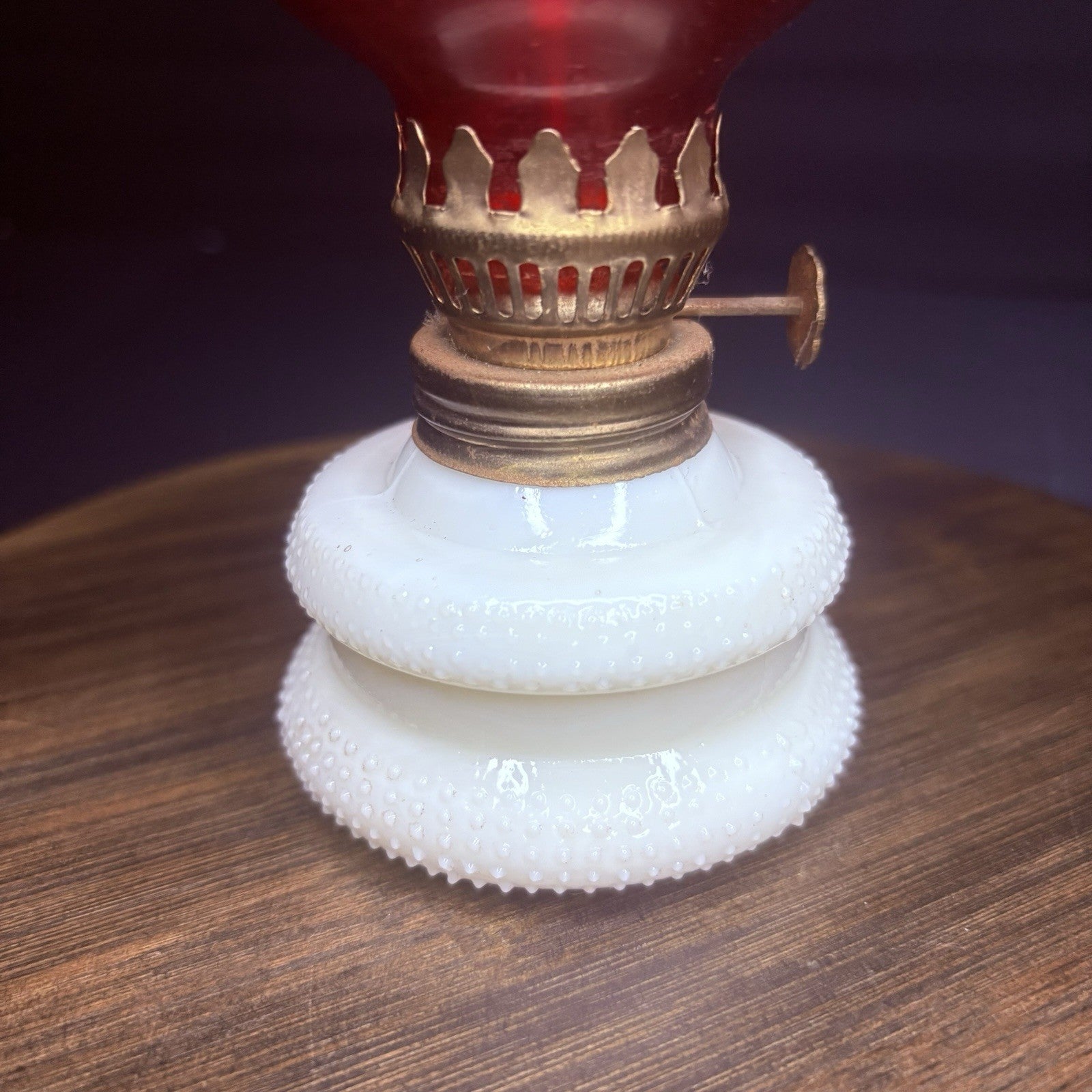 VTG Miniature Hurricane Oil Lamp Hobnail Milk Glass Base Ruby Globe, Hong Kong1