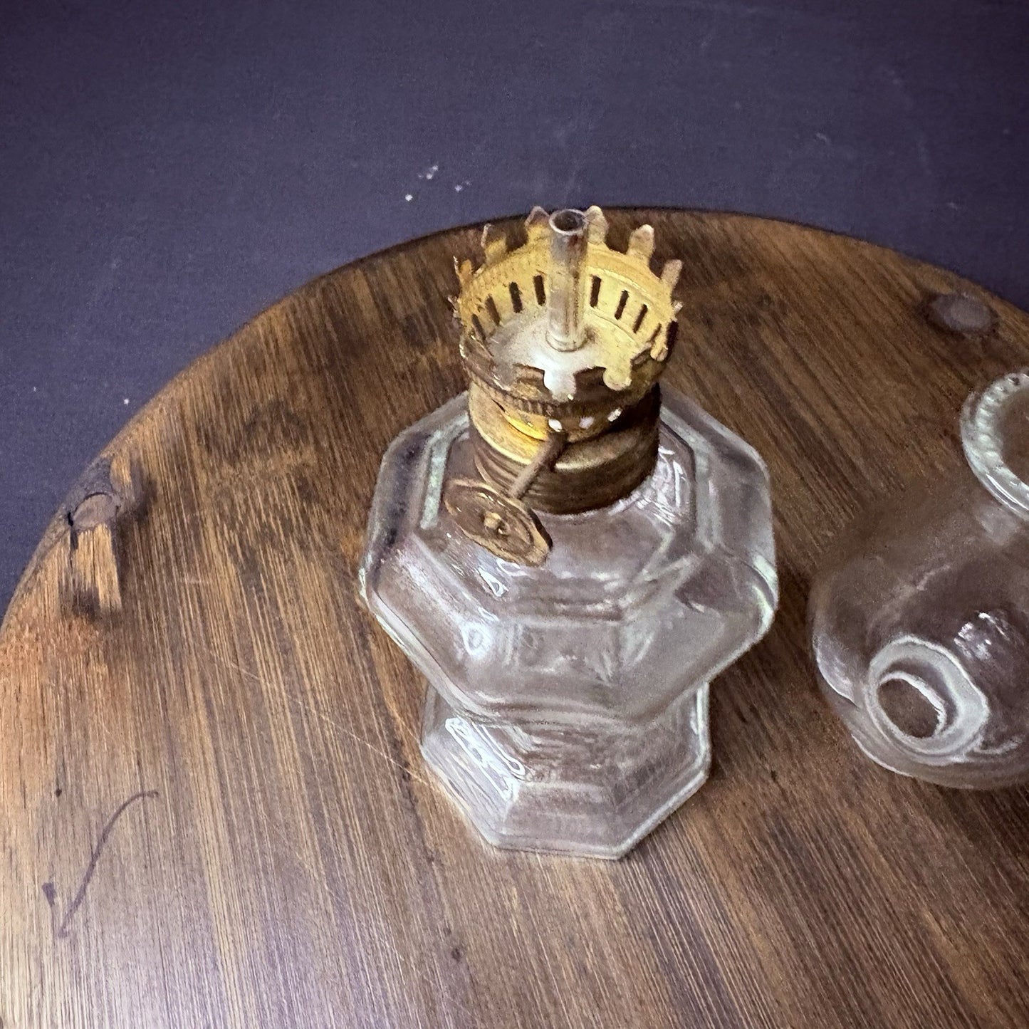 VTG Miniature Hurricane Oil Lamp, Thick Glass Octagon Base - 6.5"13