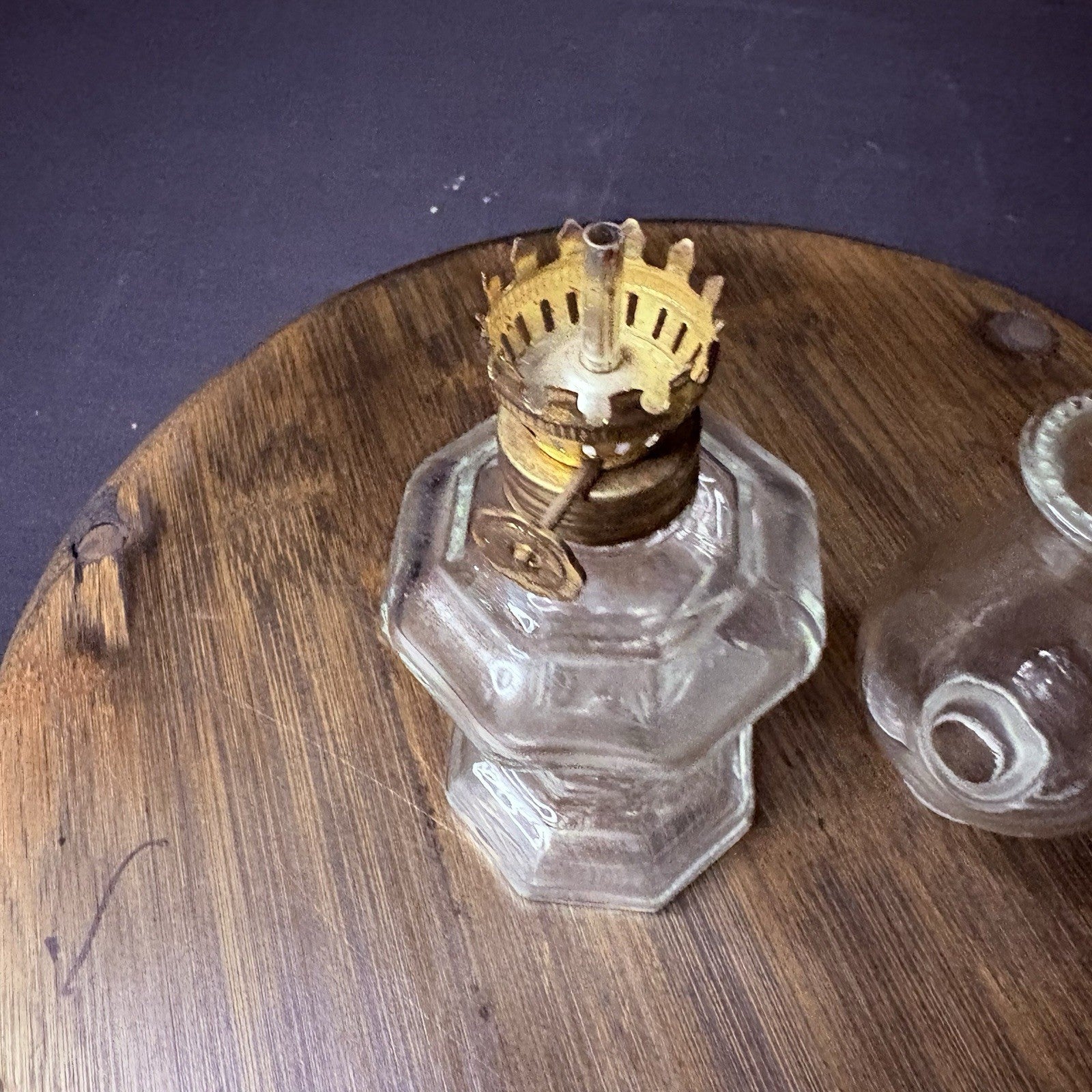 VTG Miniature Hurricane Oil Lamp, Thick Glass Octagon Base - 6.5"13