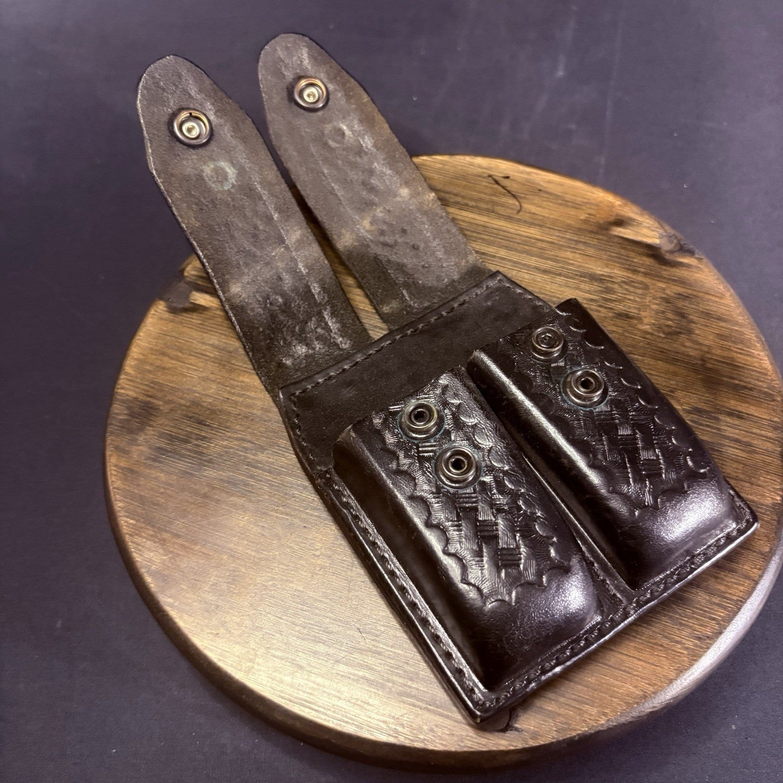 G&G Double Magazine Pouch B627-4W Basket Wave Black Leather Chrome Snap1