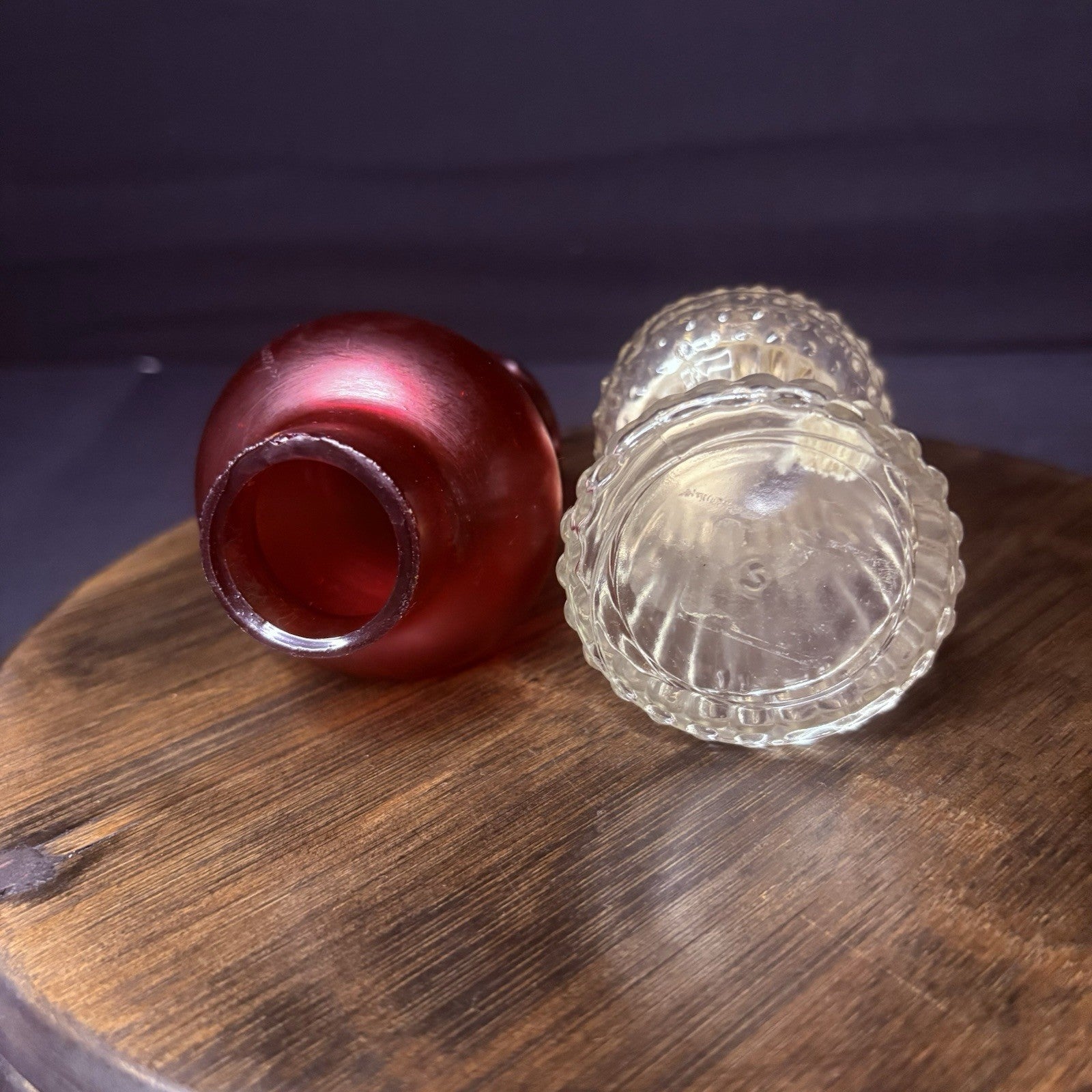 VTG Miniature Hurricane Oil Lamp Clear Hobnail Bubble Base, Ruby Red Bell Globe4